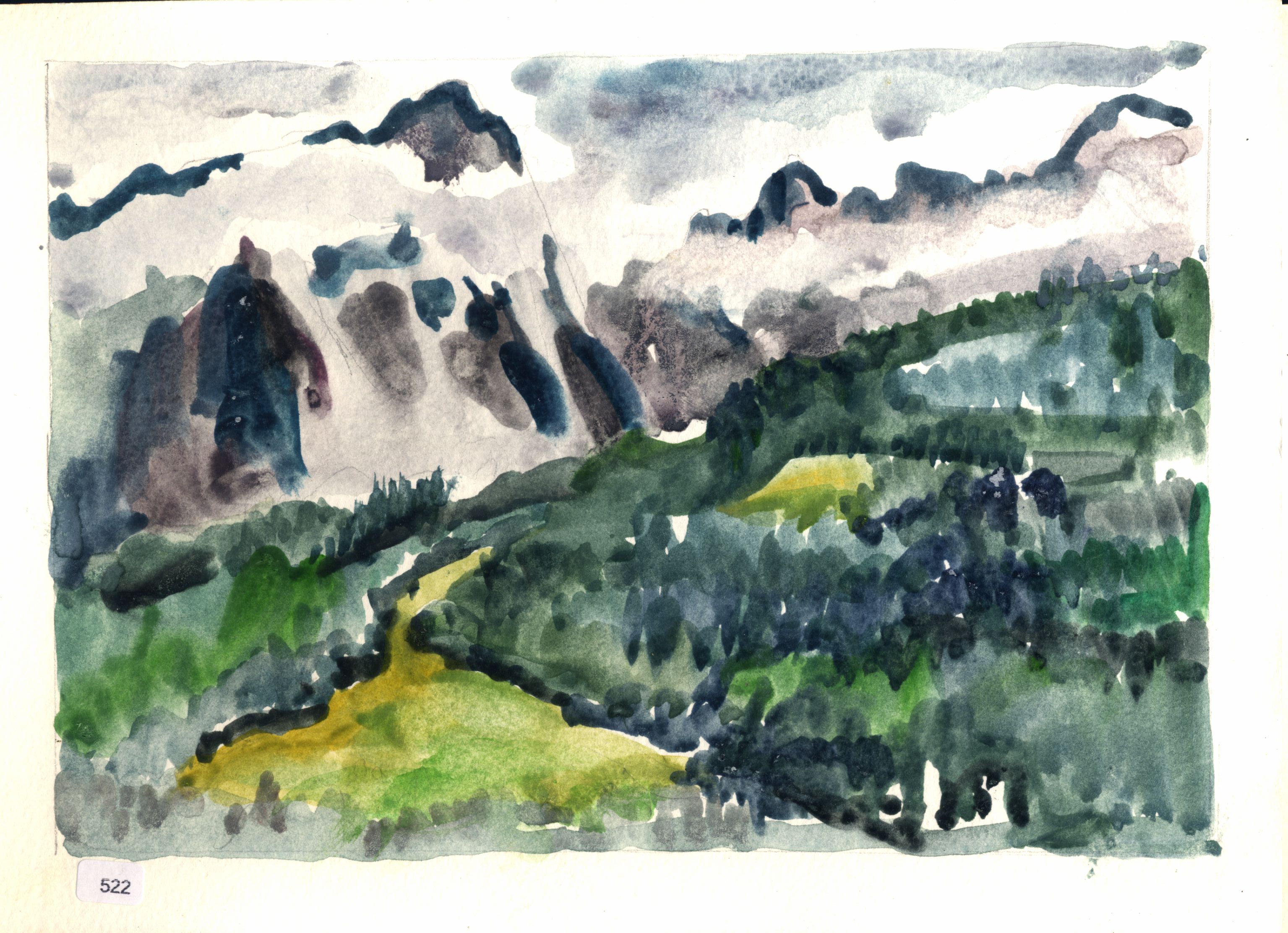 Mountain landscape with green valley, dark forested slopes, and snow-covered peaks under gray clouds.