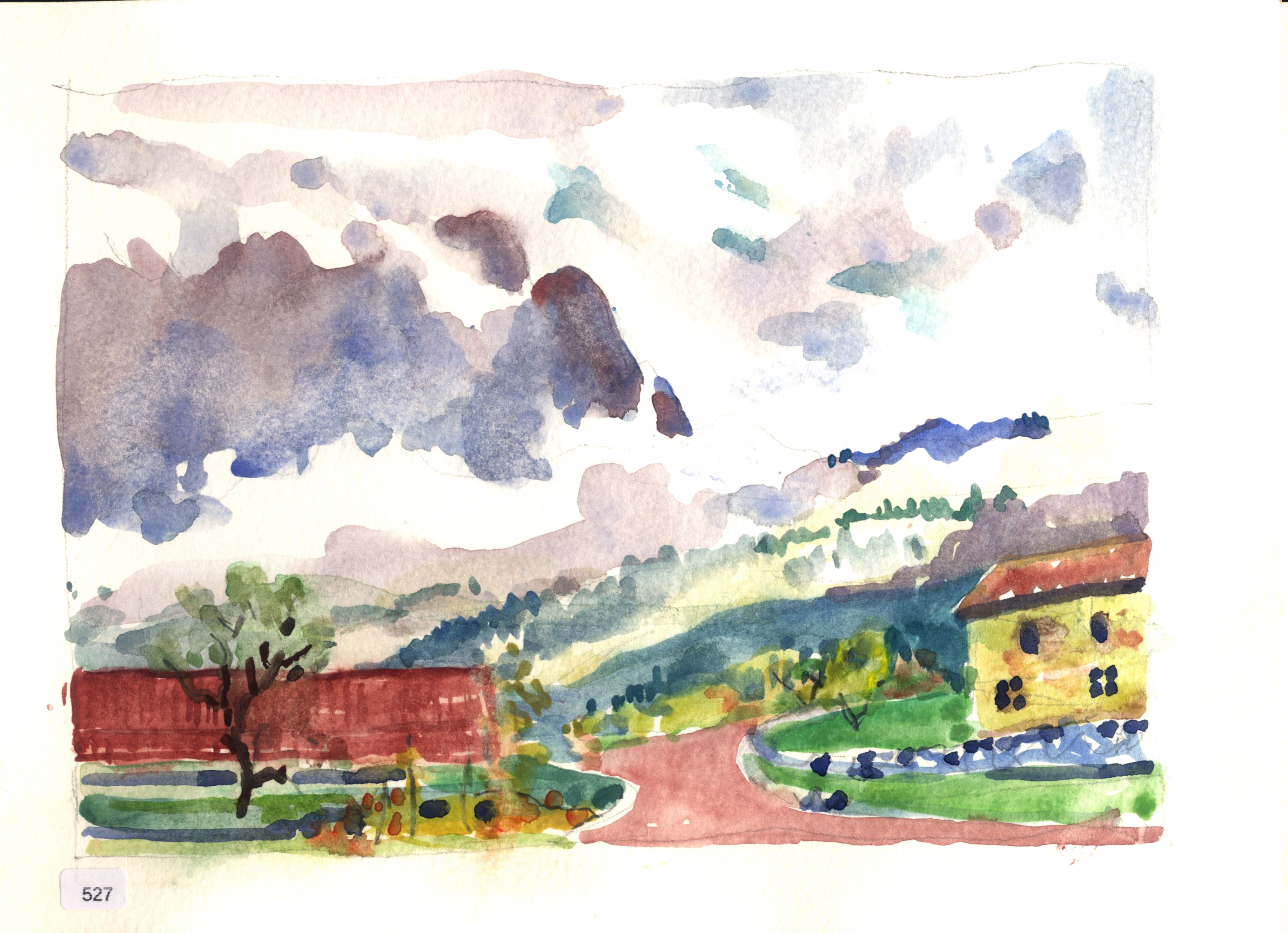 Landscape with red-roofed building, yellow house, road, trees, and rolling hills under a cloudy sky.