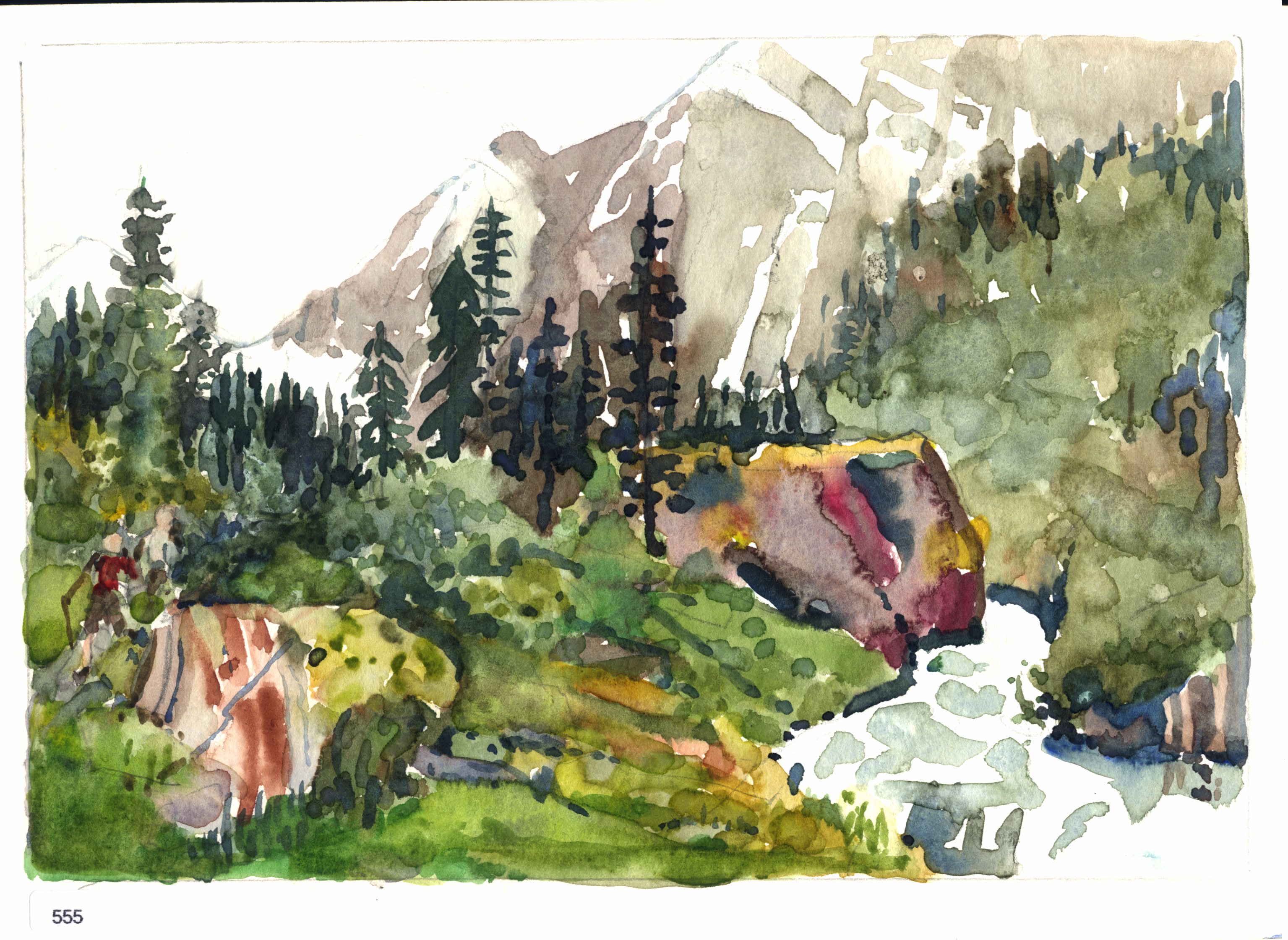 Alpine landscape with stream, fir trees, hikers, and high snow-streaked peaks.