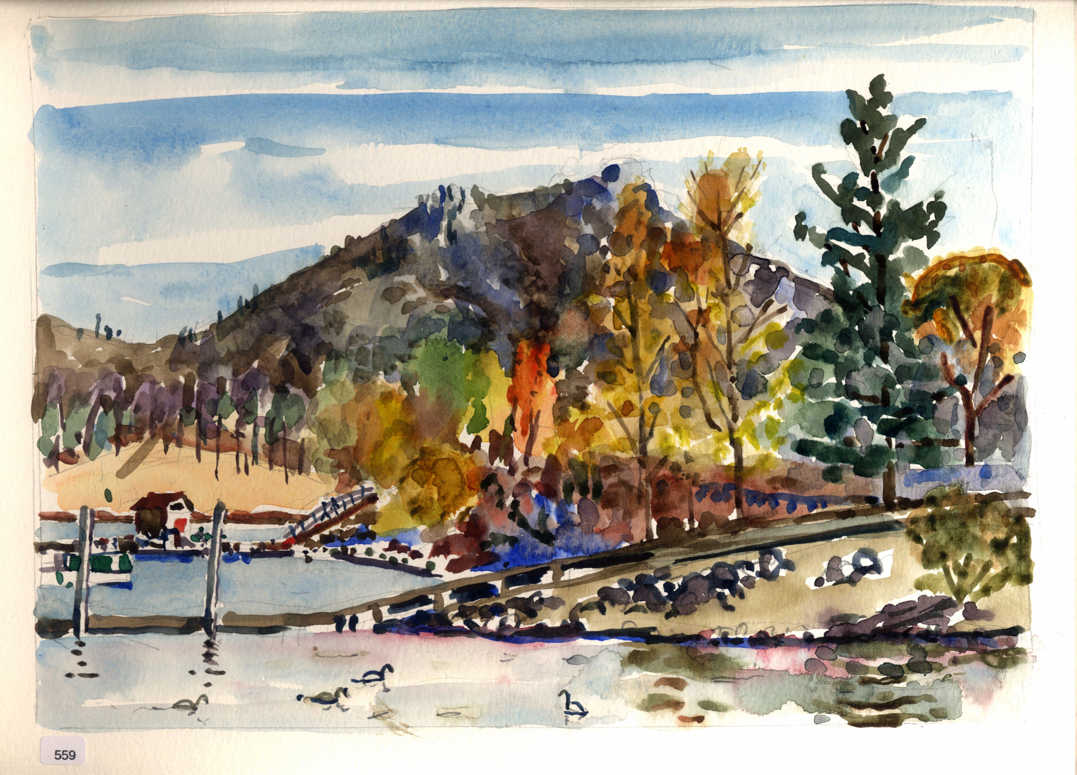 Autumn lakeside landscape with footbridge and hillside