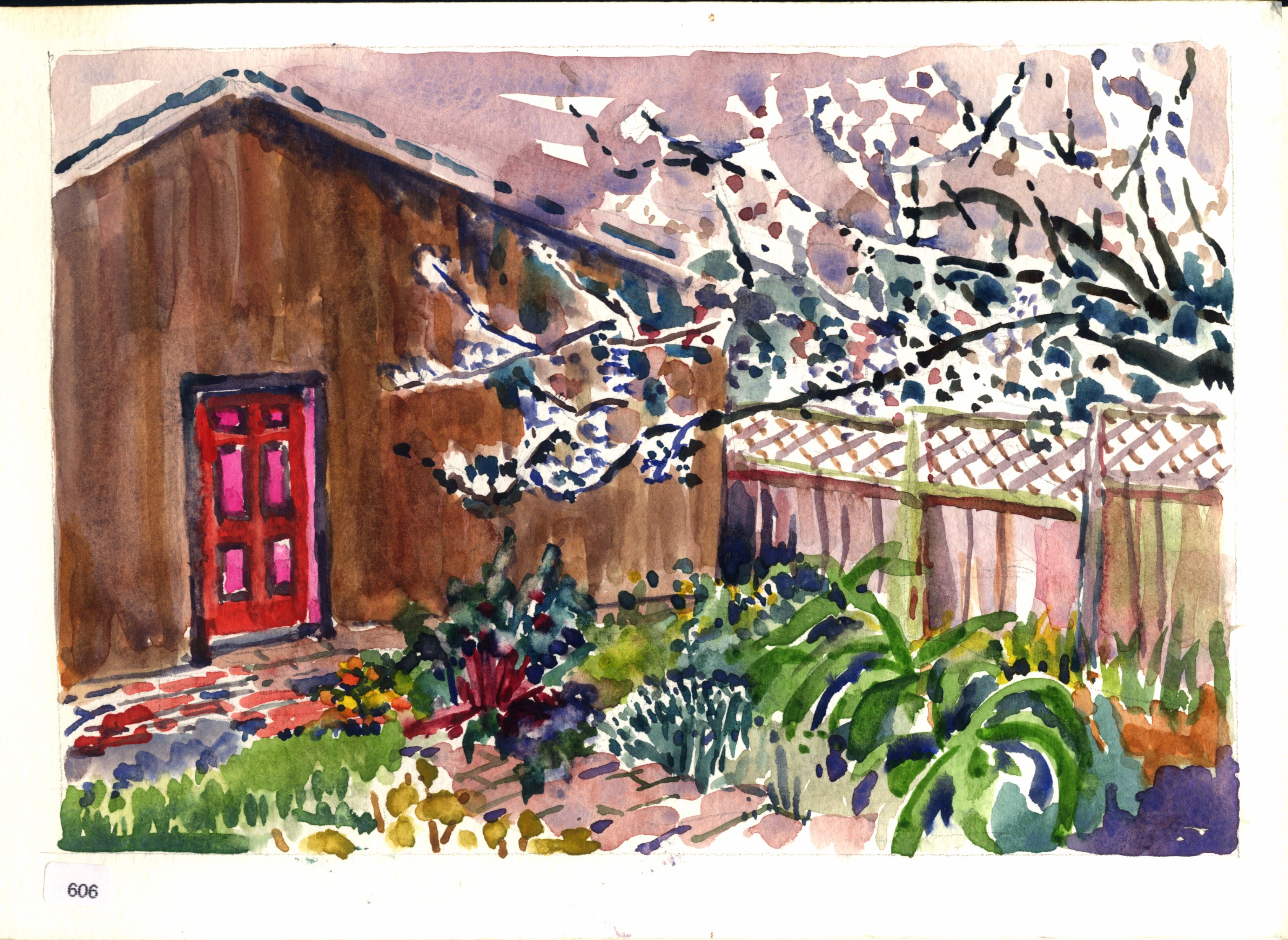 Garden scene with wooden building, red door, flowering tree, fence, and dense plantings.