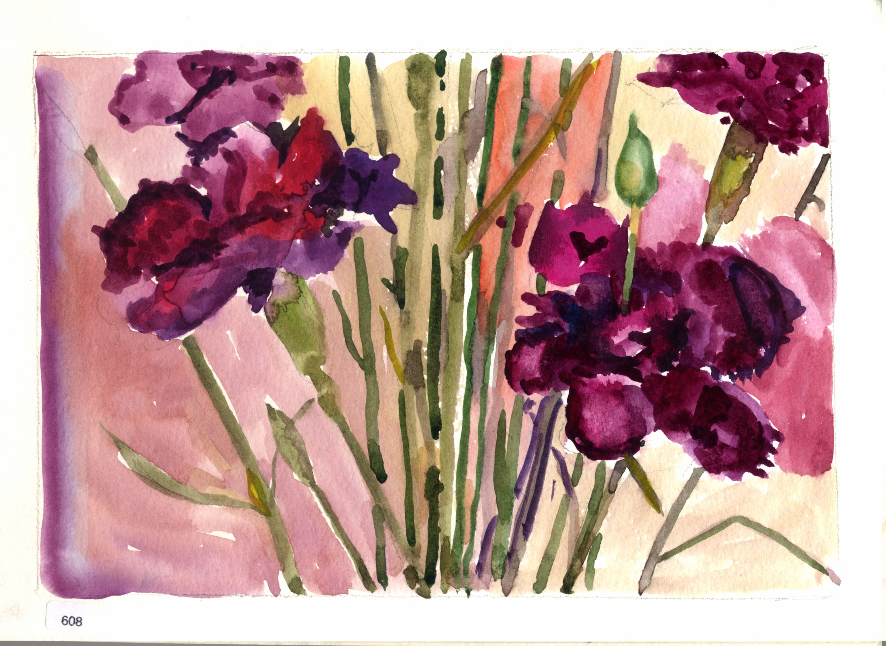 Floral study with purple and magenta flowers against a pink background.