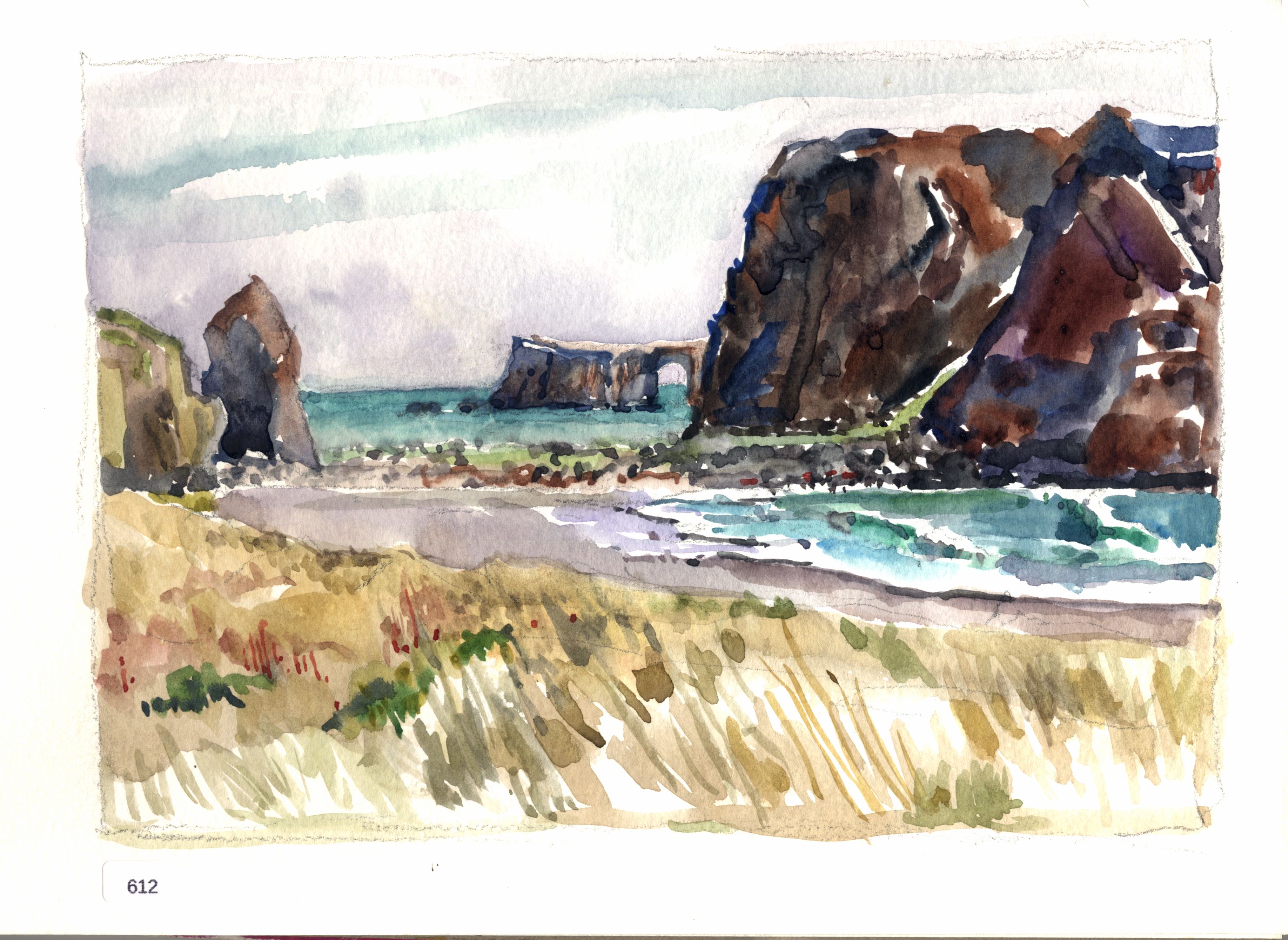 Coastal scene with beach grasses, rocky sea stacks, cliff, and turquoise water.