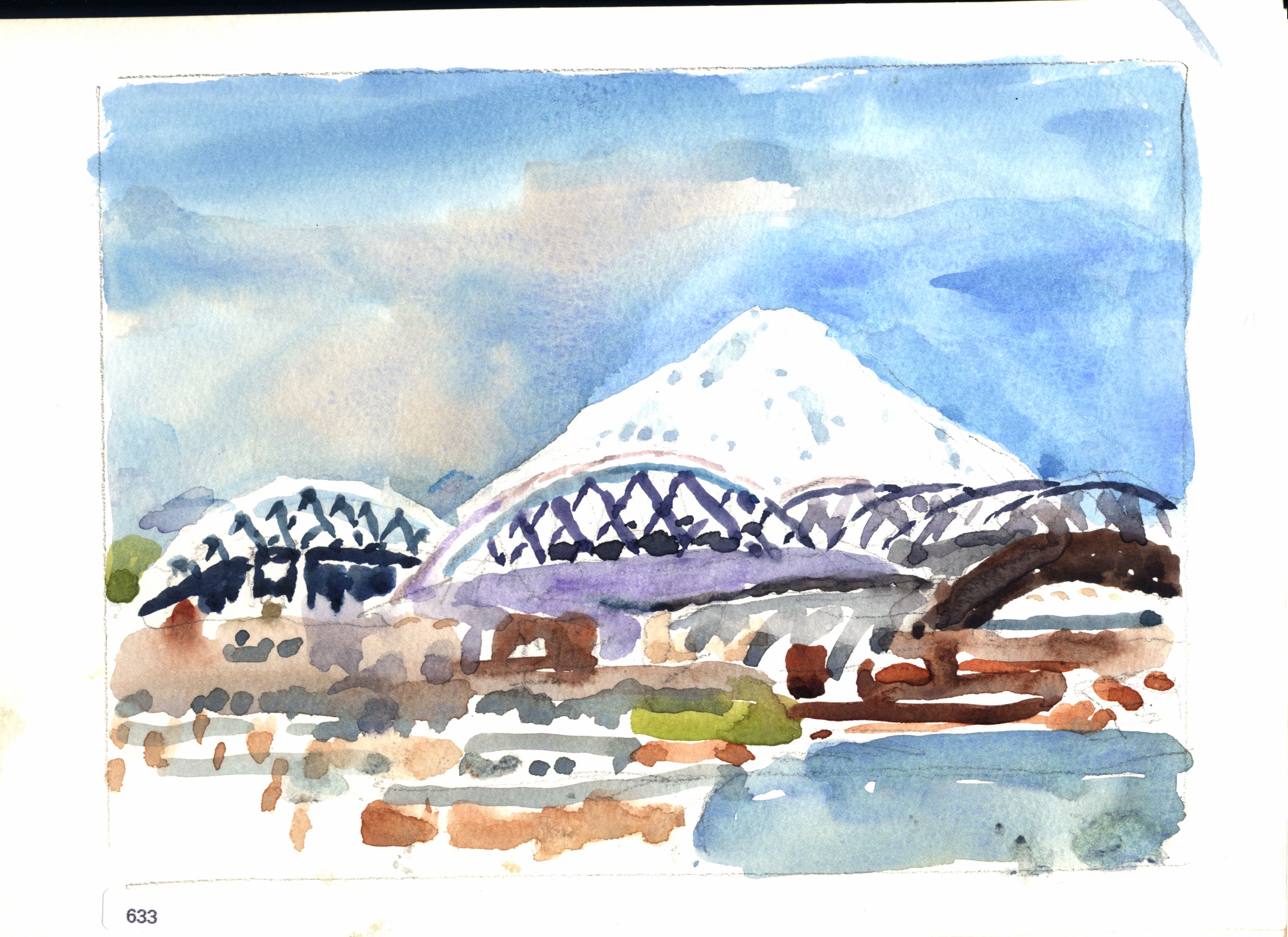 Snowy mountain rising behind arched bridge or industrial structure, with water and shoreline in foreground.