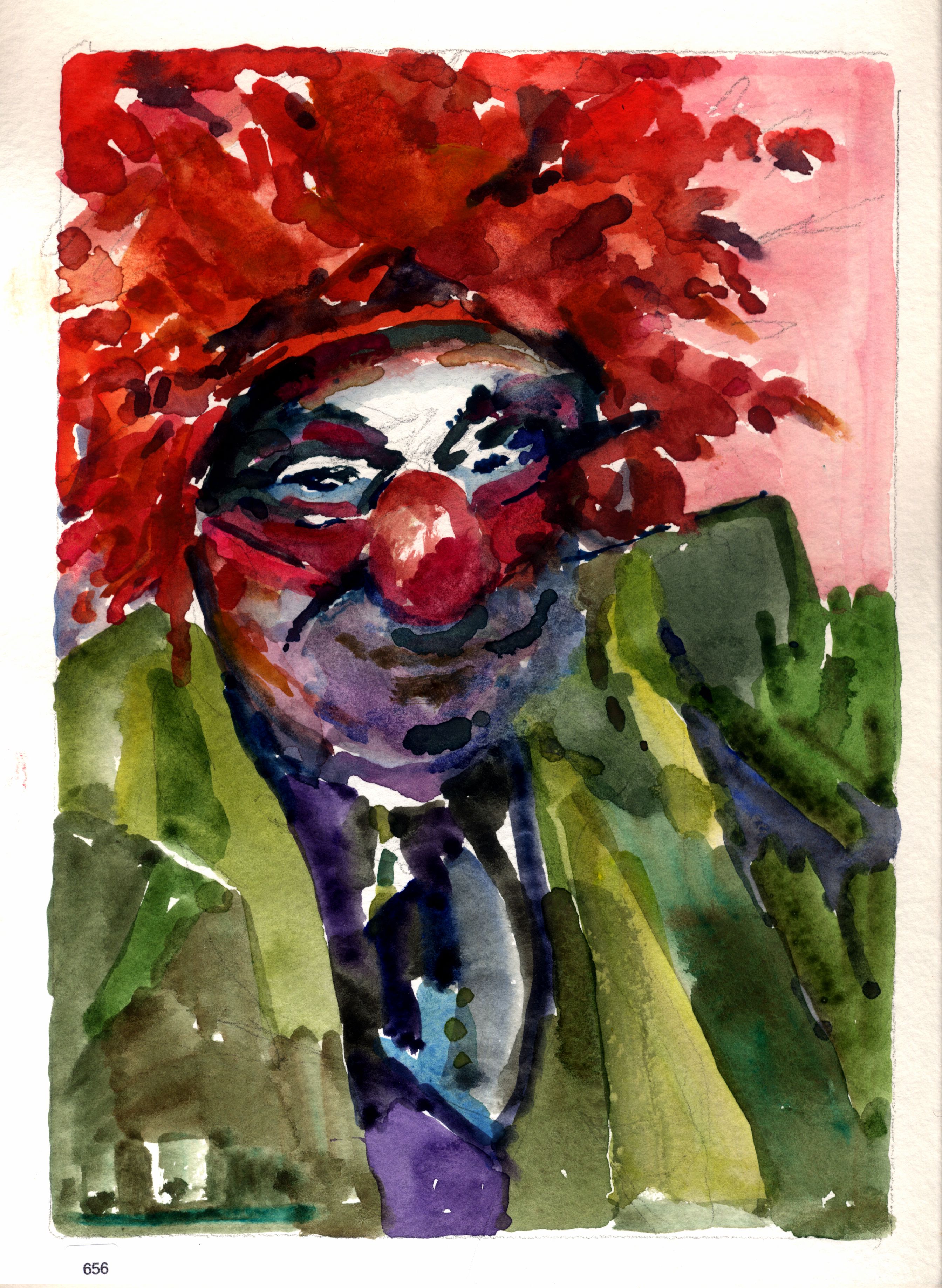 Head study of clown with red wig