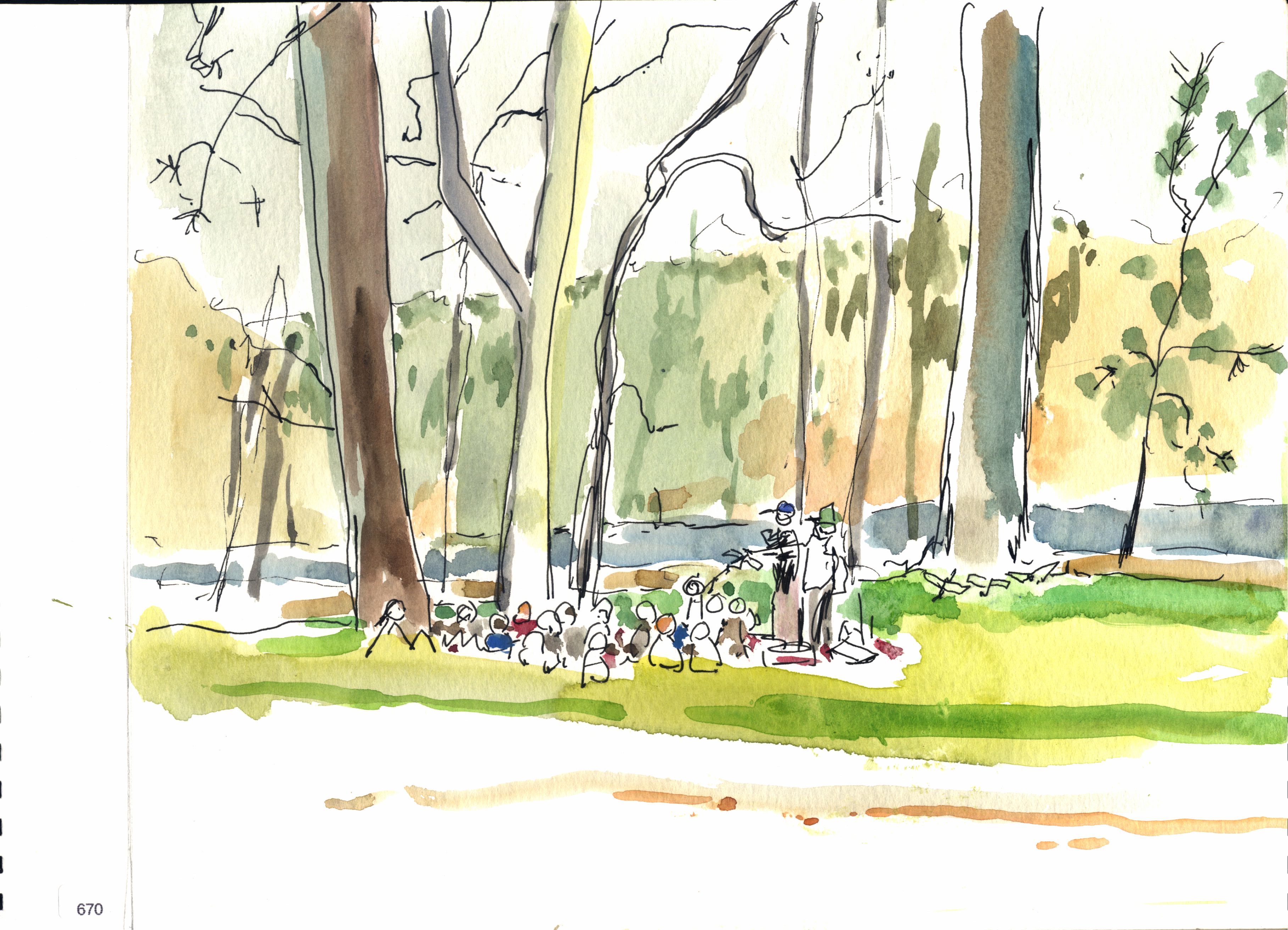 People gathered beneath trees