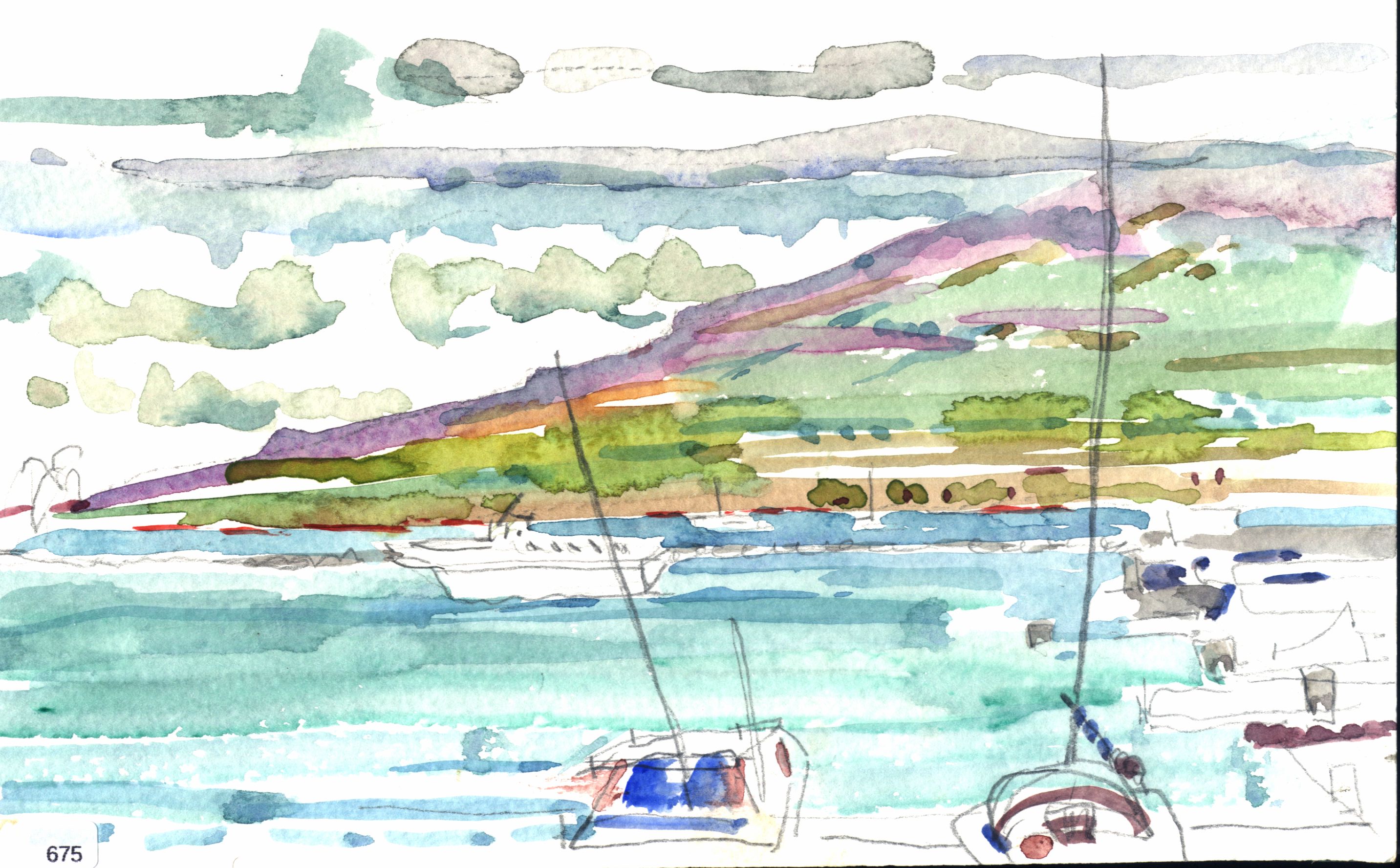 Maui, Harbor with sailboats and green hillside beyond turquoise water.