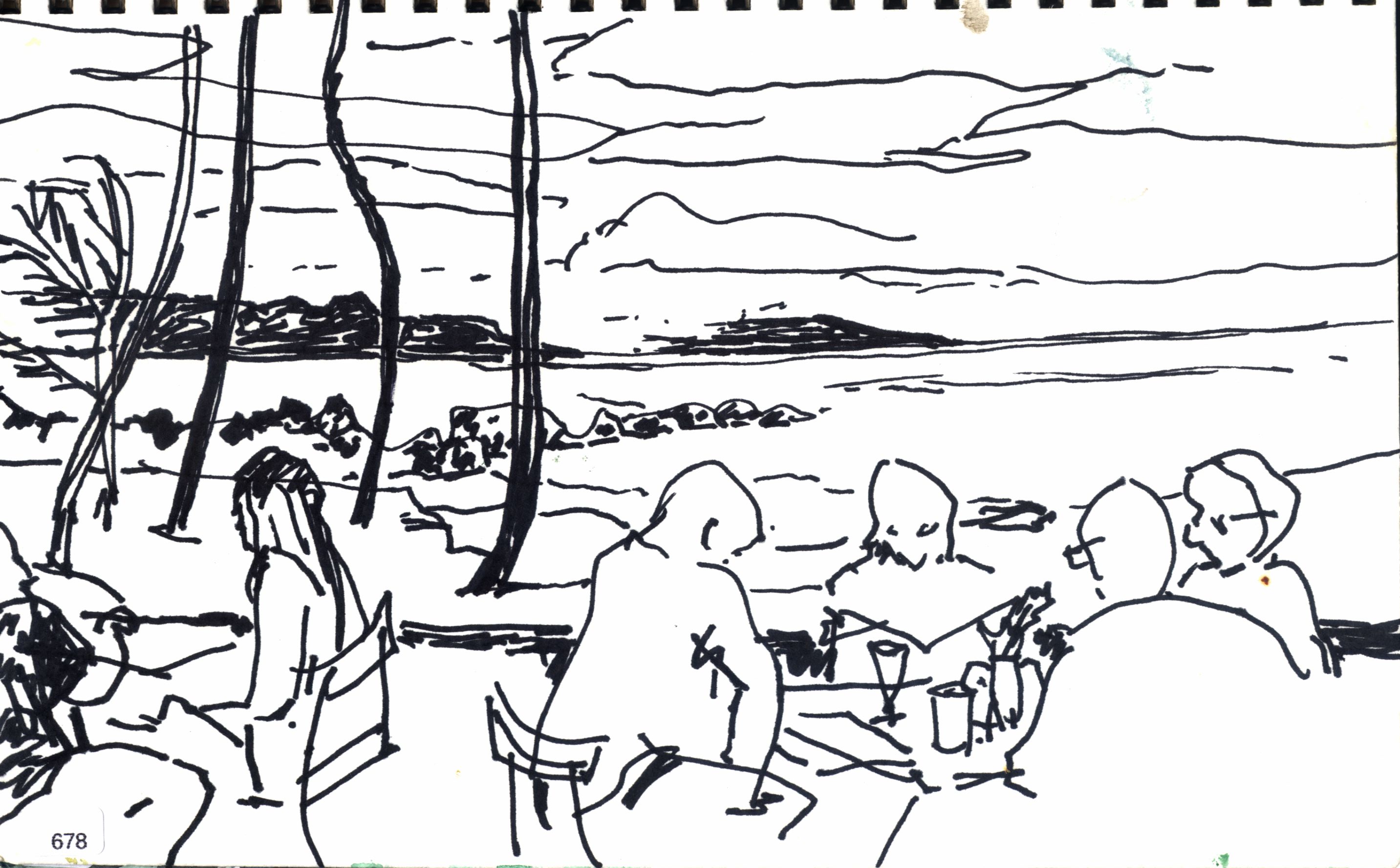 Maui, Ink sketch of people seated at an outdoor cafe or seaside table, with trees and water beyond. NOTE: REVERSE is JB678_2.