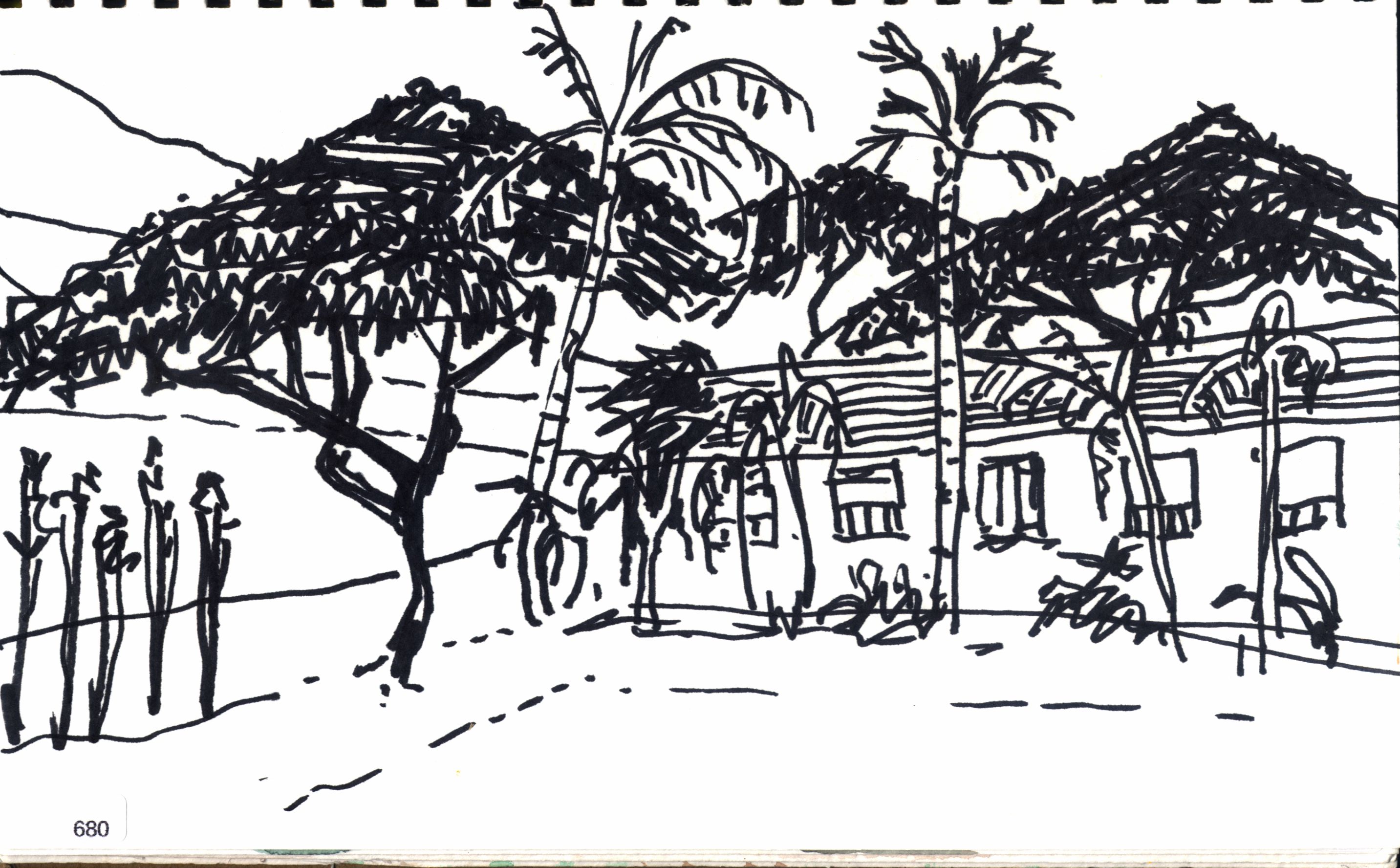 Maui, Ink sketch of buildings with palm trees and arched windows.