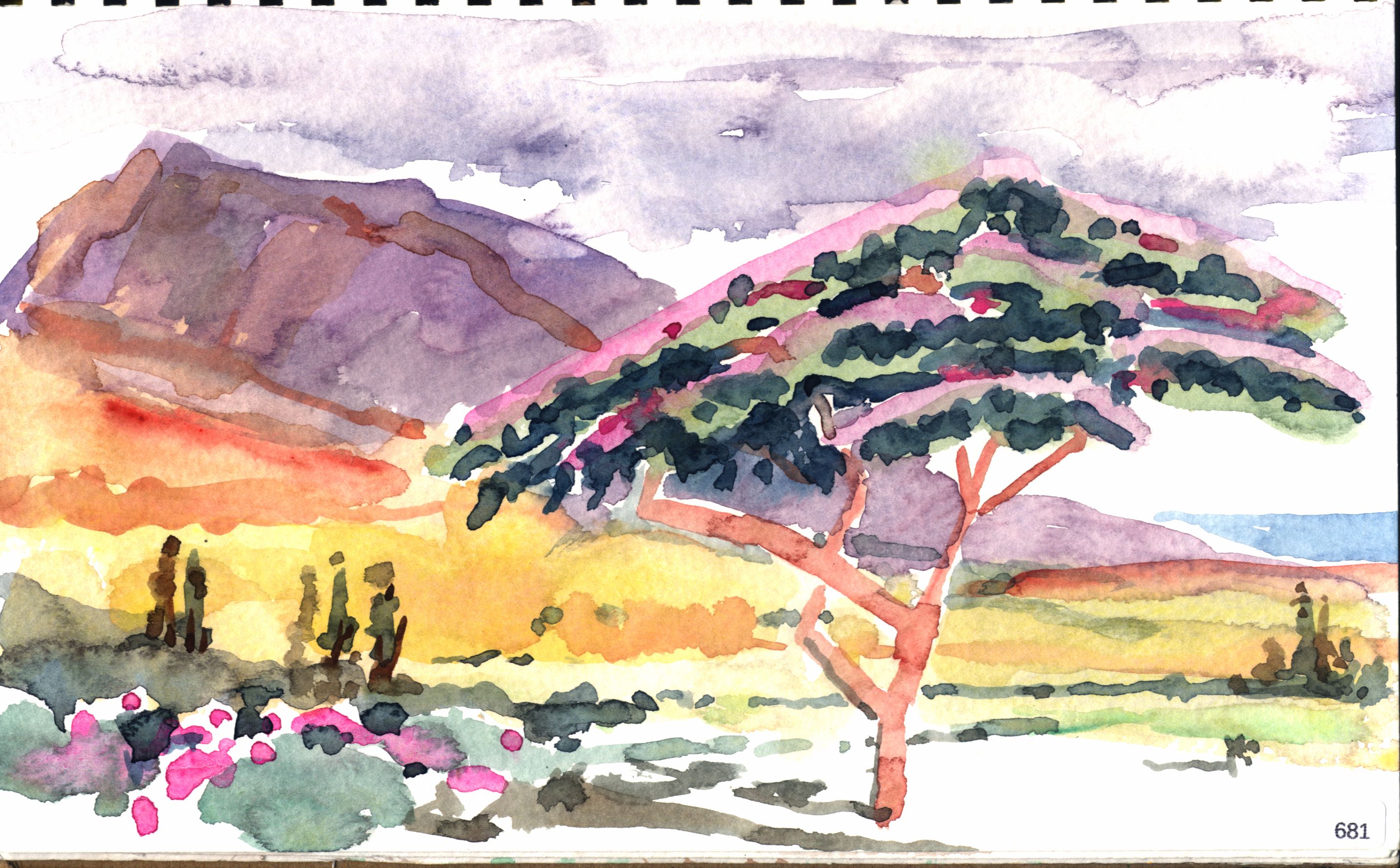 Maui, Colorful hillside landscape with a spreading tree and distant water or sky.