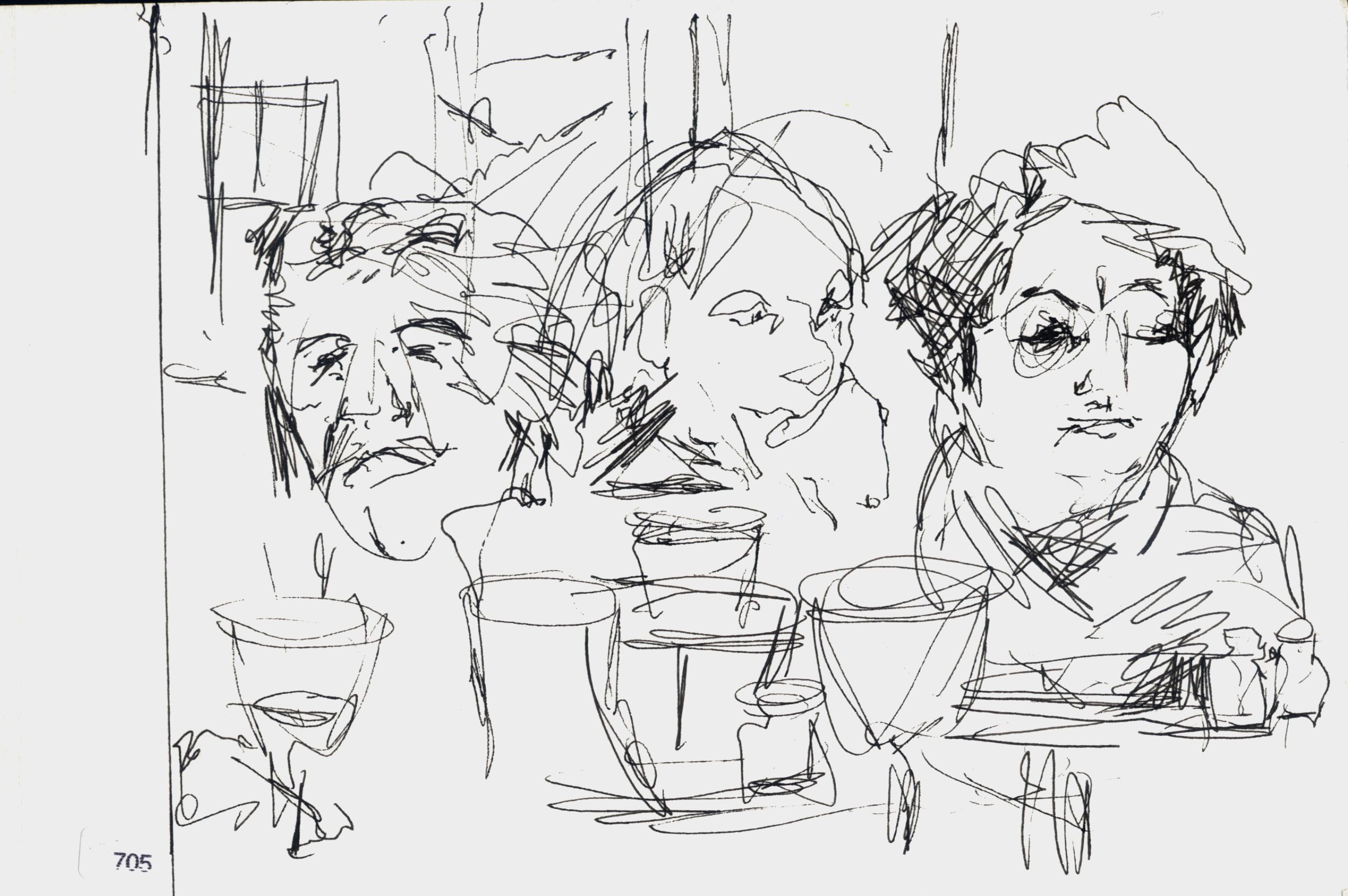 Ink sketch of three people seated at a table with cups and dishes.