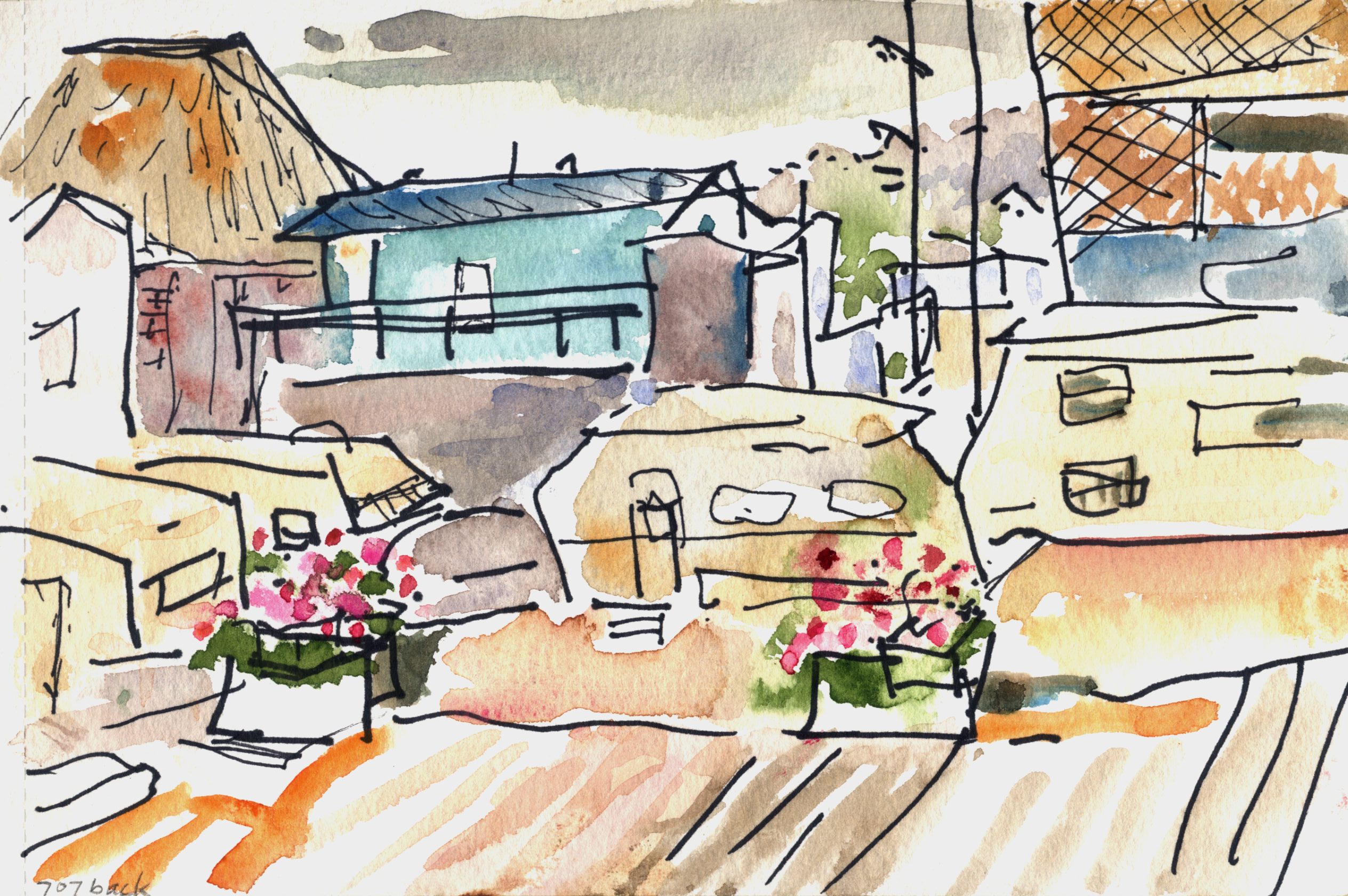 Loose ink and watercolor sketch of clustered buildings, rooftops, and flower boxes.