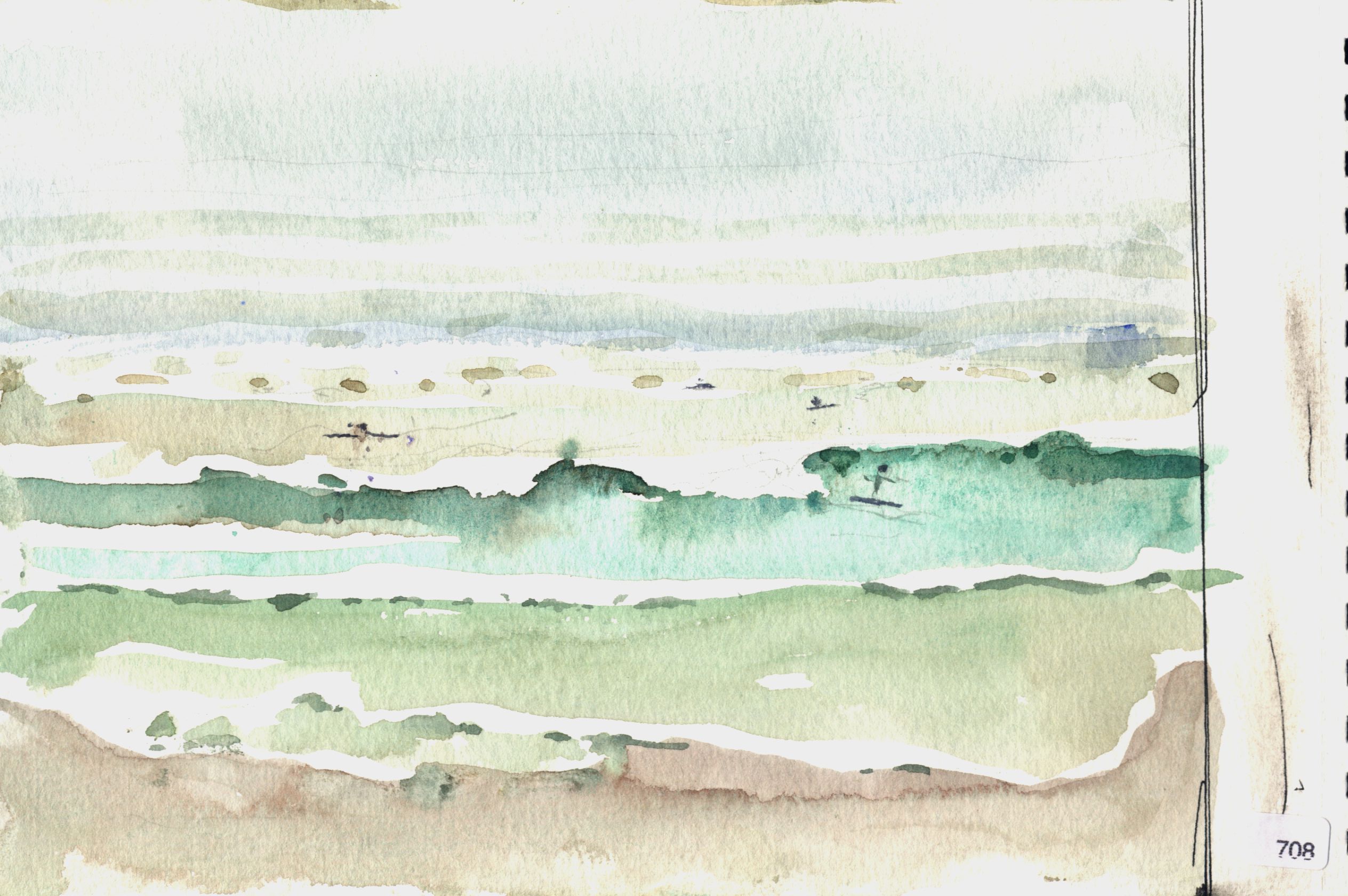 Pale green-blue ocean or shoreline study with horizontal bands of surf and water.