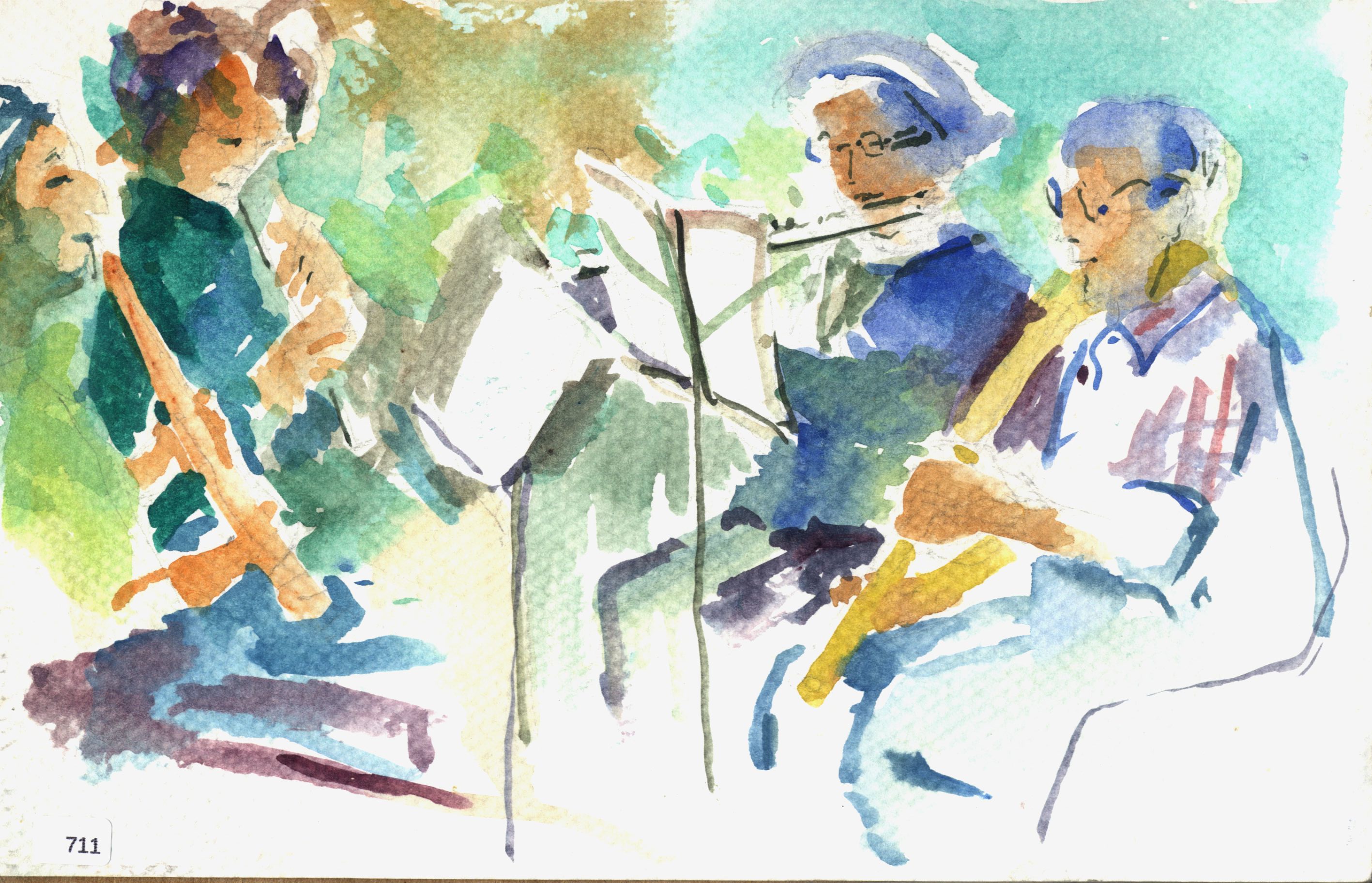 Musicians seated around music stands, playing wind instruments.