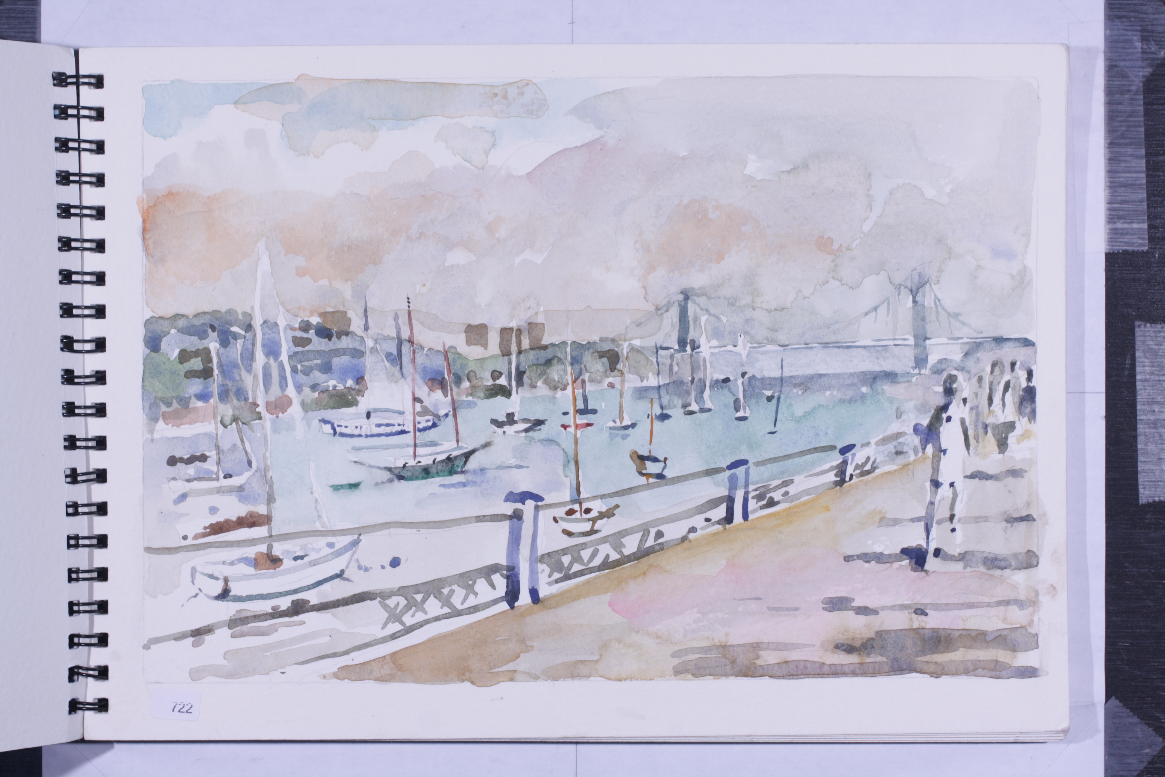Watercolor harbor scene with sailboats and waterfront walkway