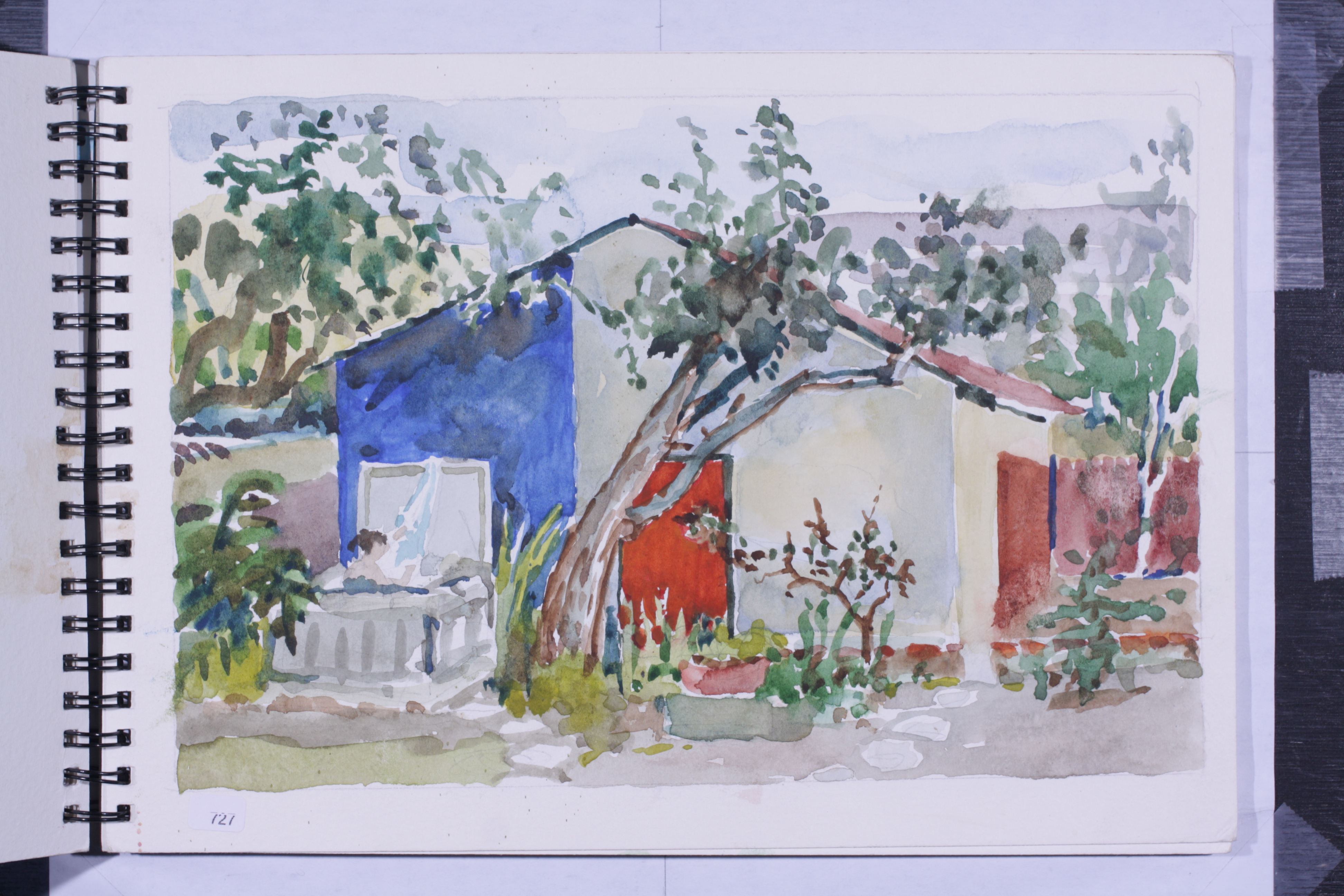 Garden scene with blue, white, and red buildings, trees, and potted plants.