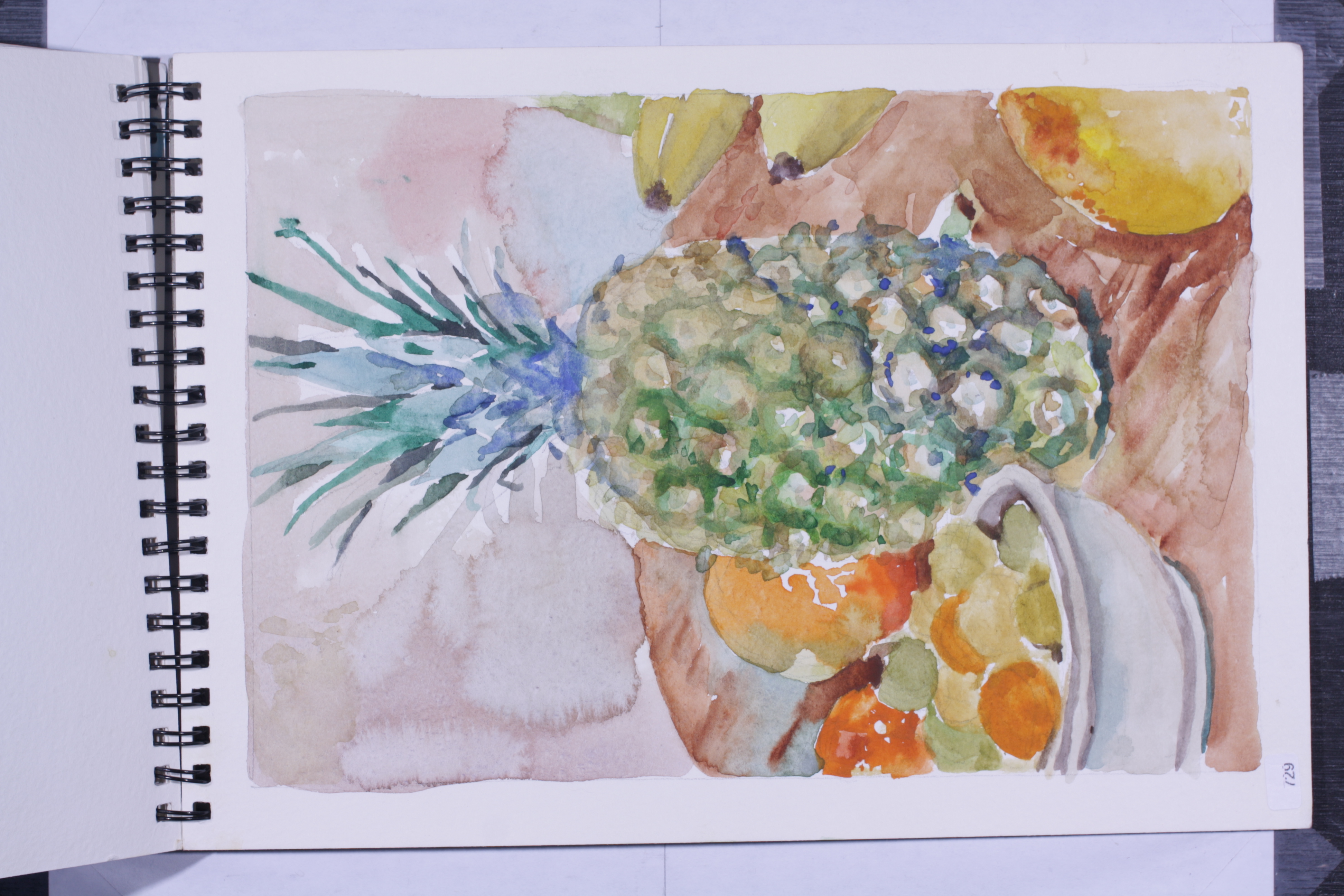 Still life with pineapple, fruit, and pitcher or ceramic vessel.