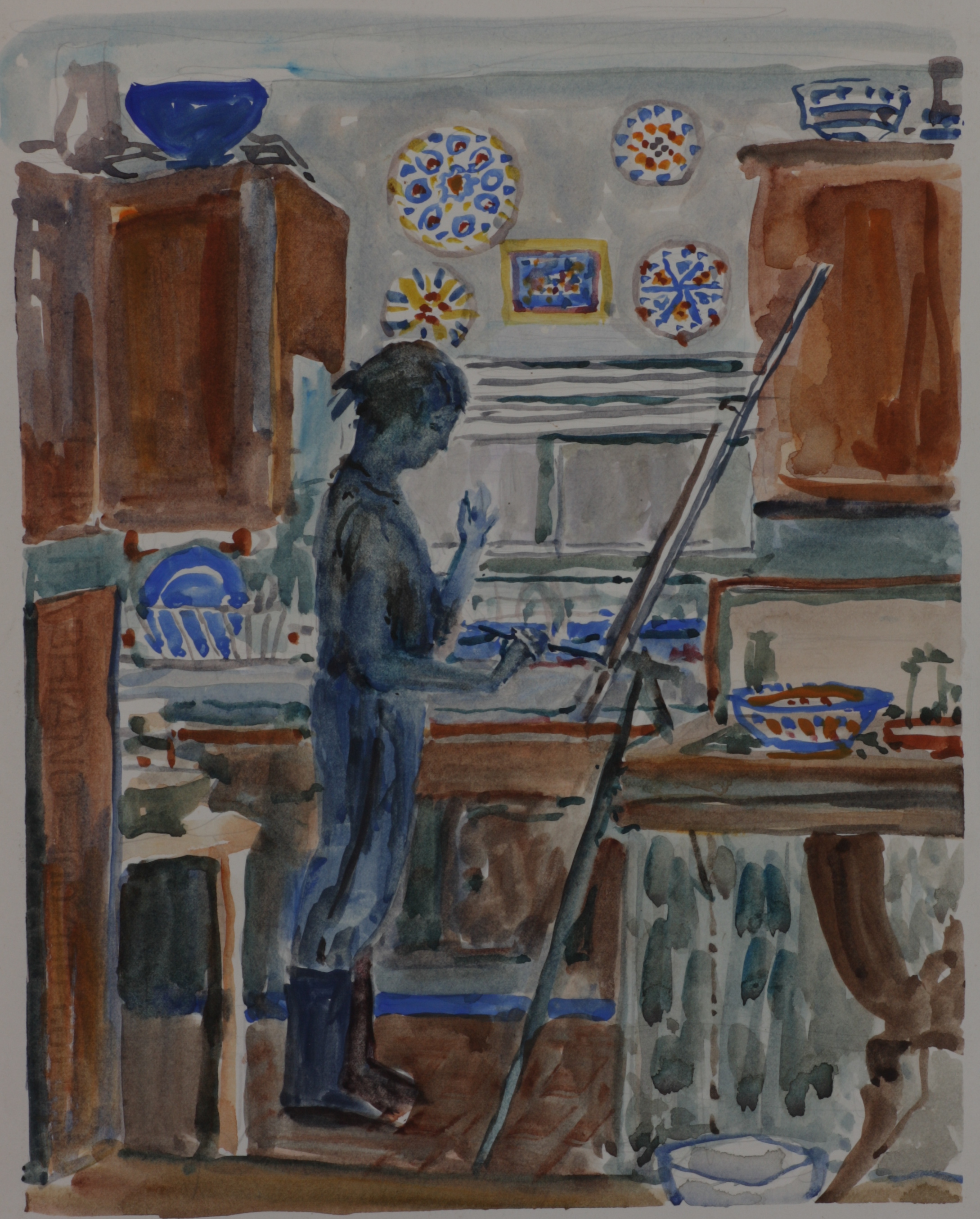 Artist at easle in kitchen