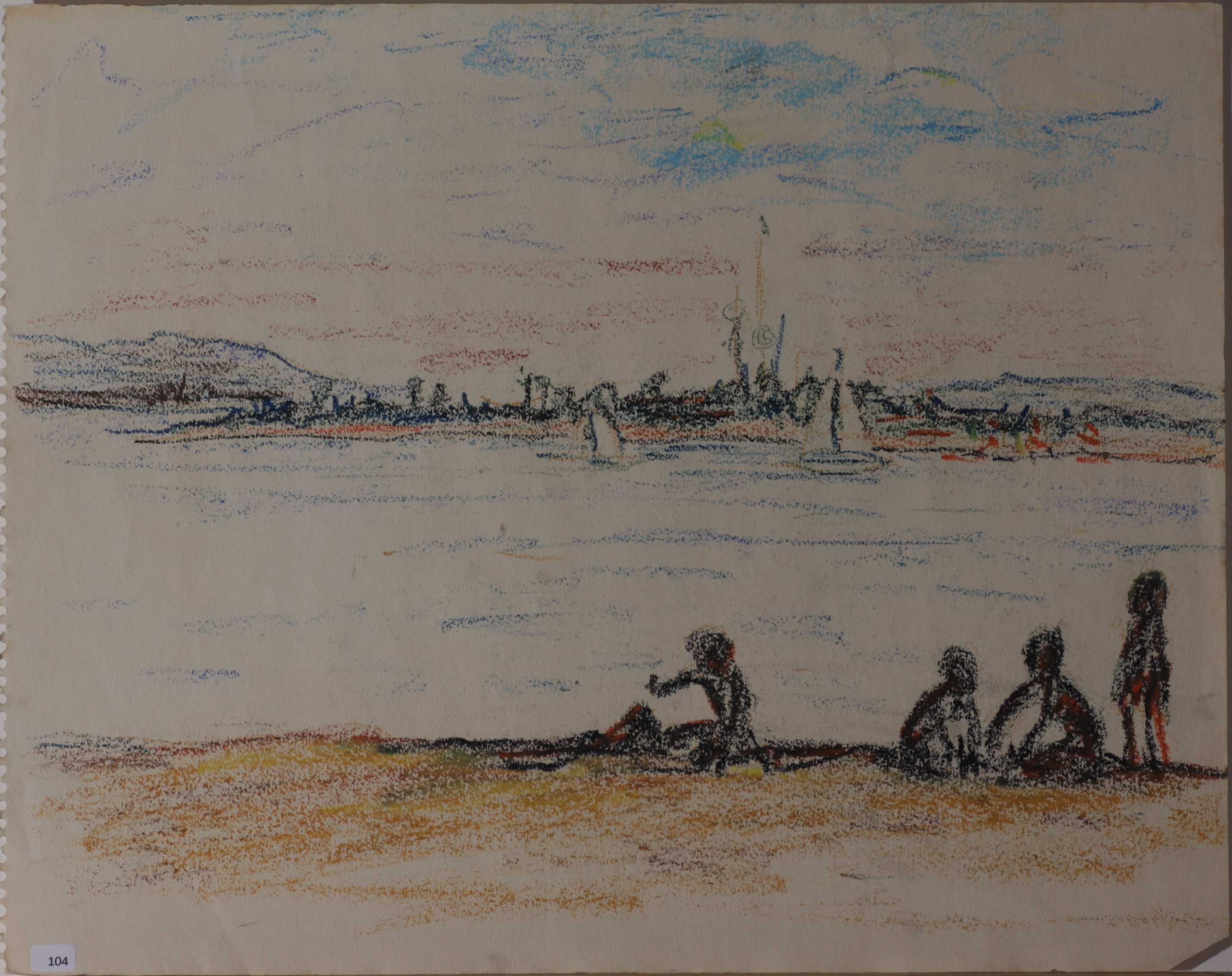Pastel on paper. Children playing on sandy beach (at Mission Bay?)