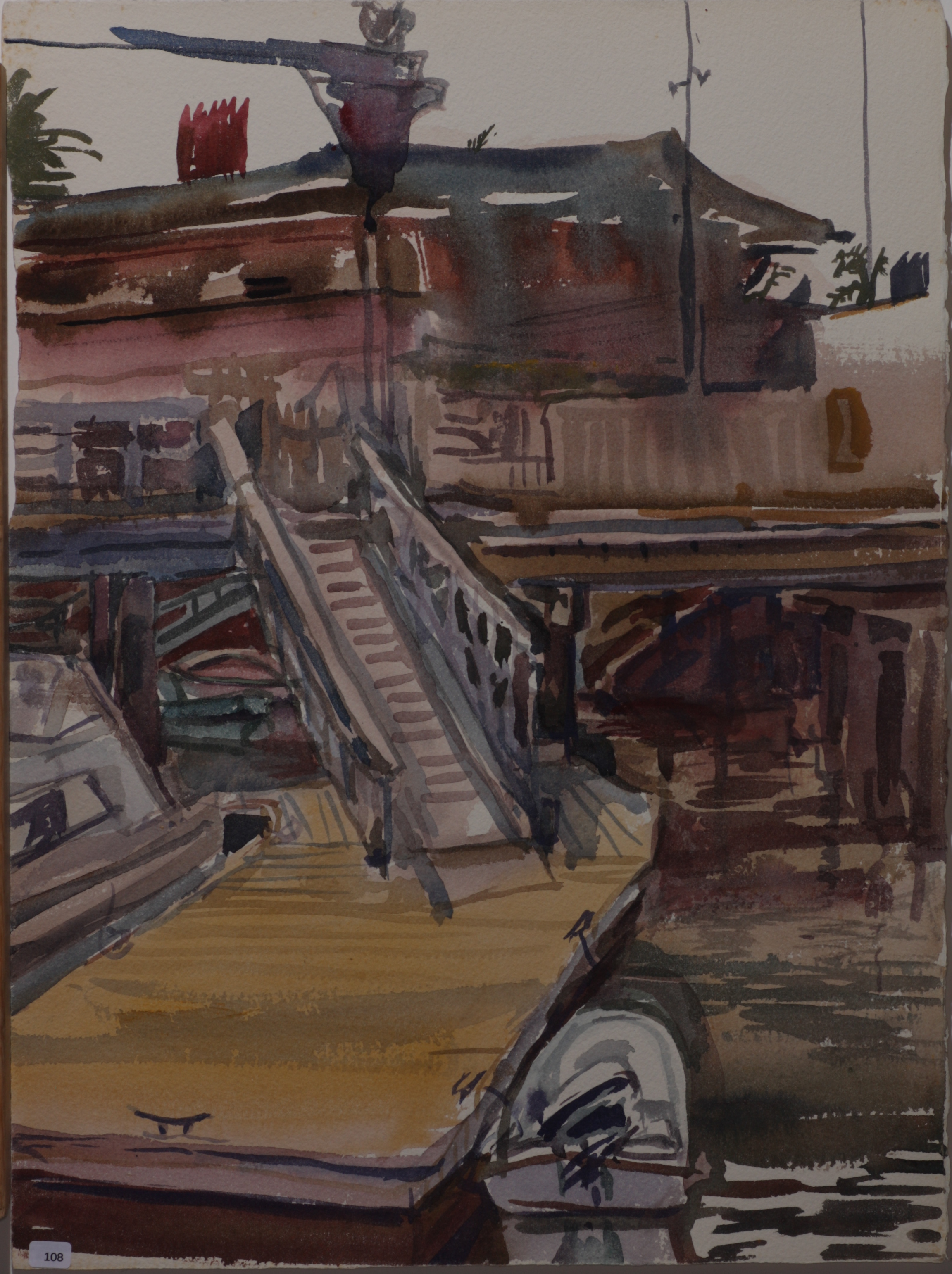 Small boat at dock. Old, 1950s? SF?