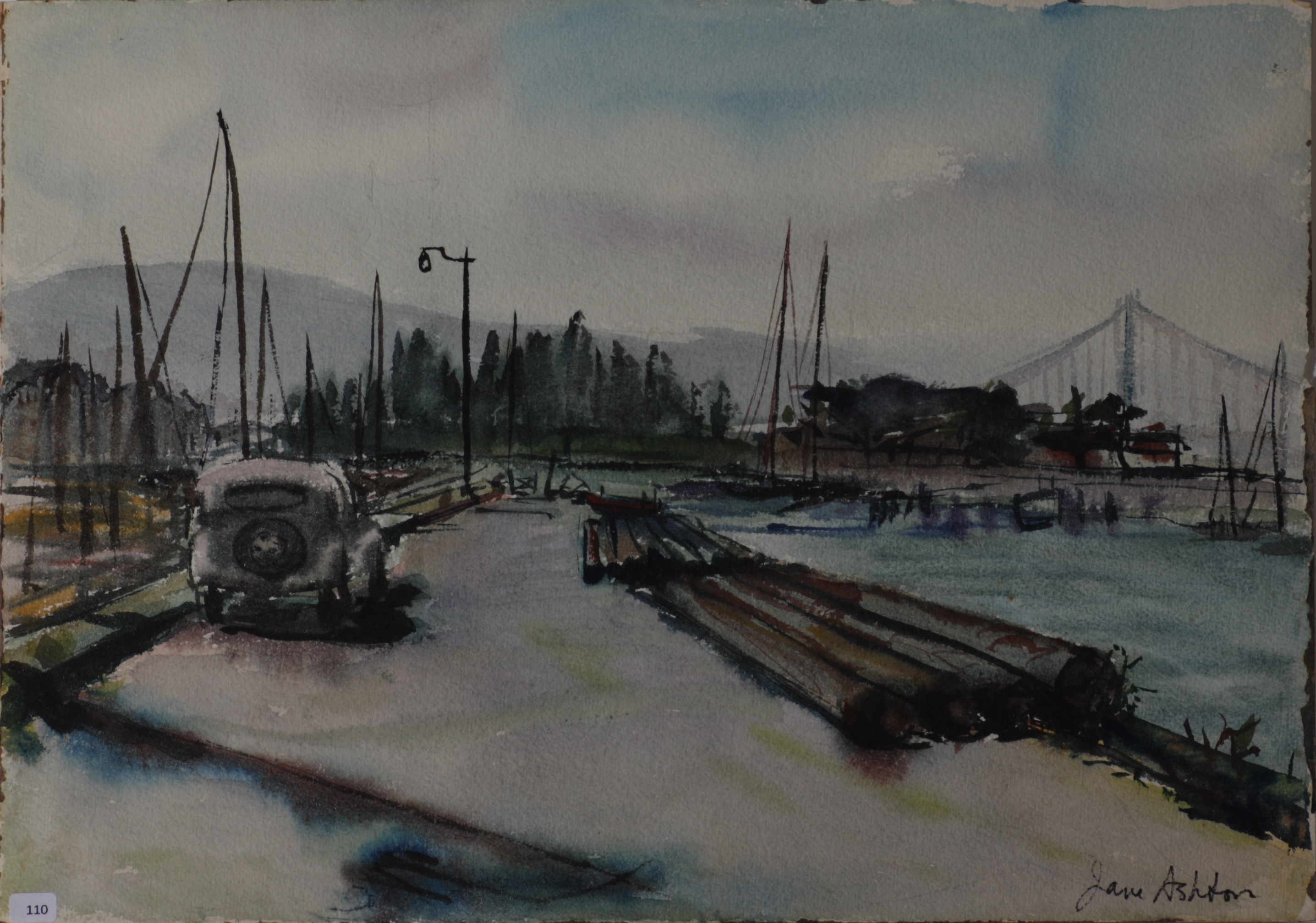 S.F. Docks, old car, logs, Golden Gate Bridge in background