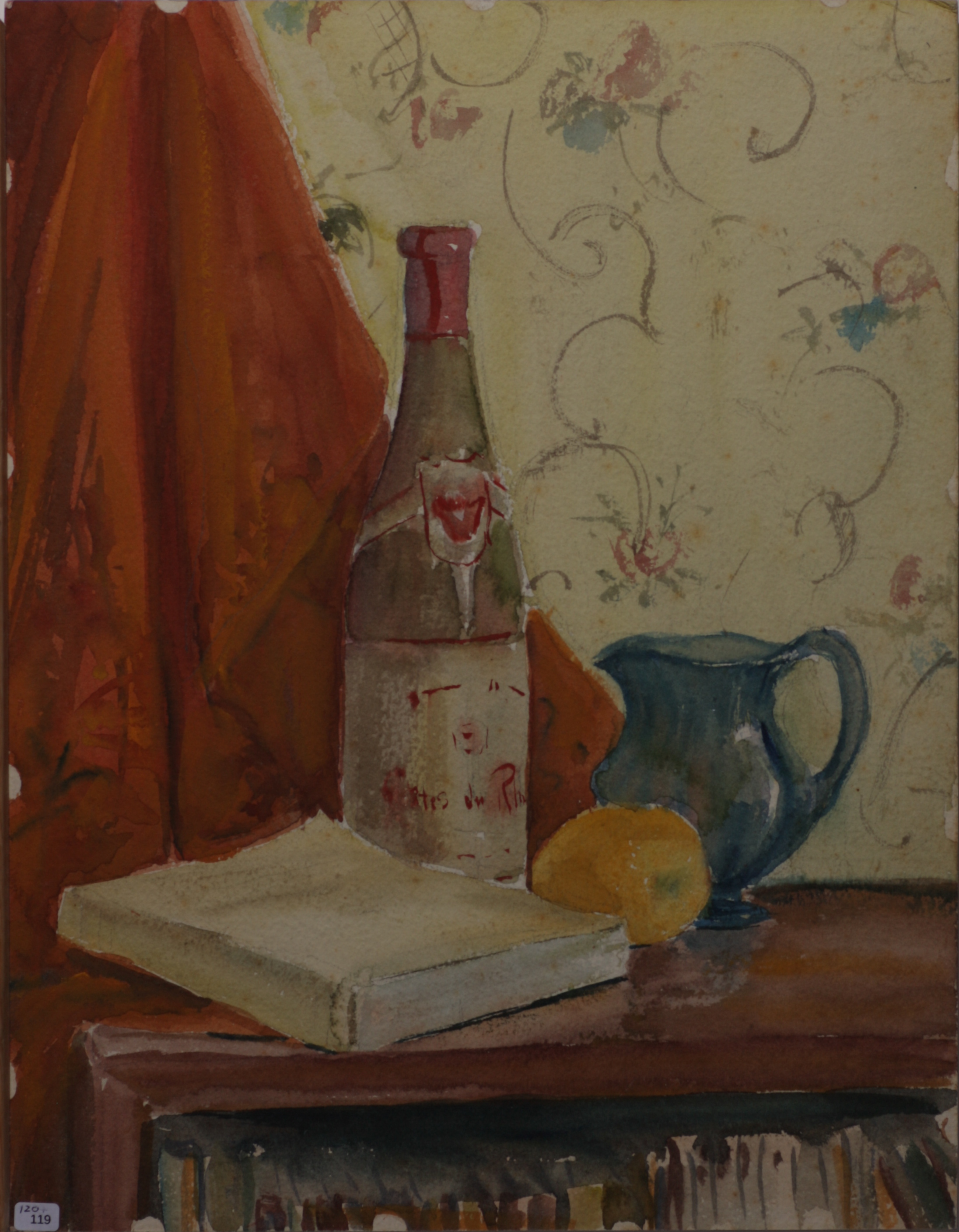 Still life book wine bottle, orange, glass pitcher. REVERSE: 120.