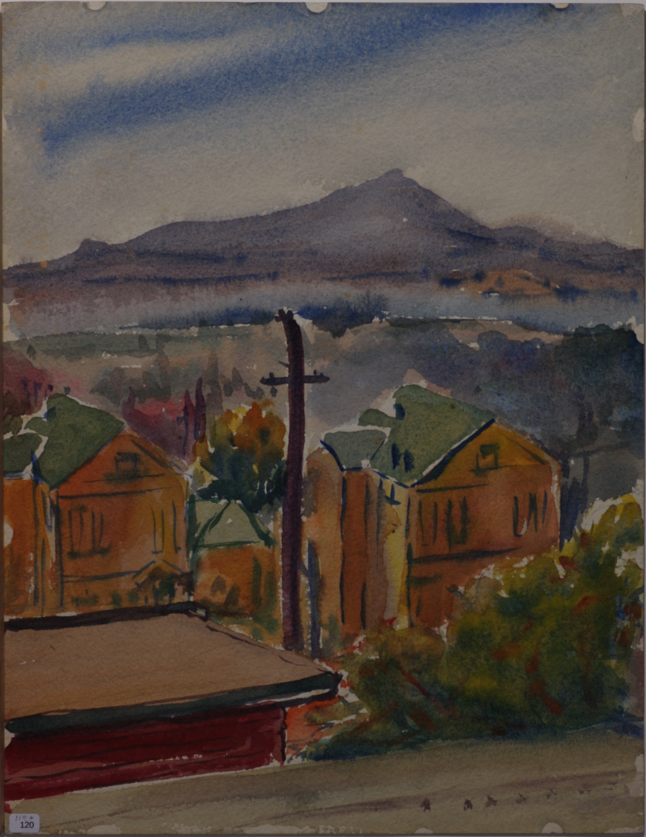 REVERSE of 119: Looking over houses to bay (SF?) and hills (Marin?).