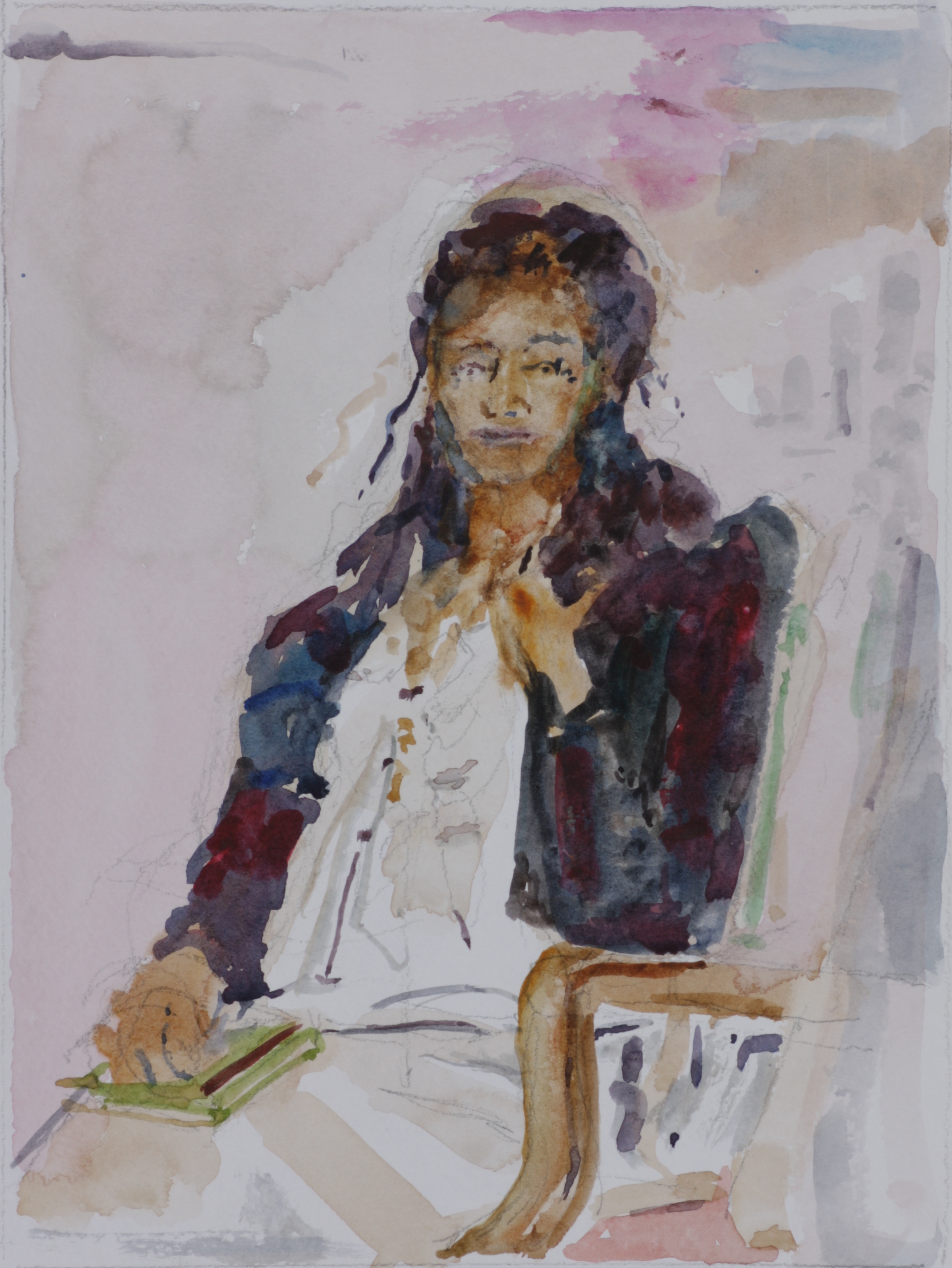 Woman seated, holding book