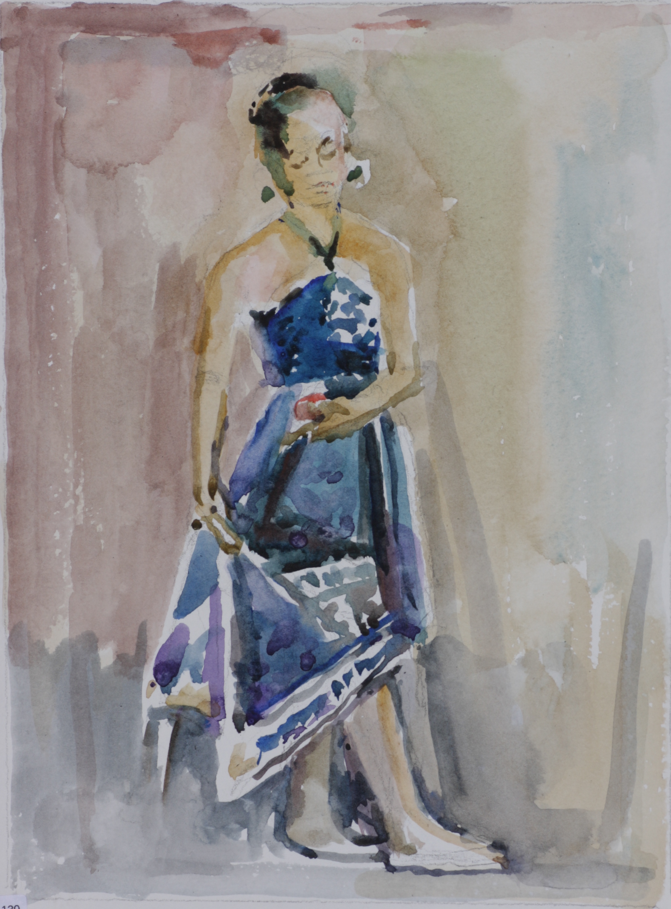 Woman standing or walking, holding hem of skirt