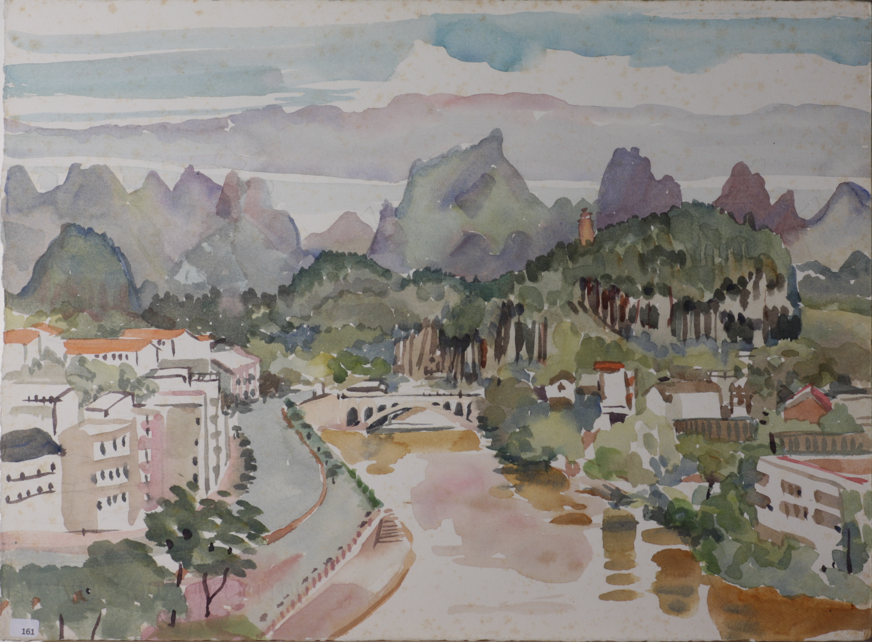 Yangshuo: Bridge over Li River, town, forest, mountains