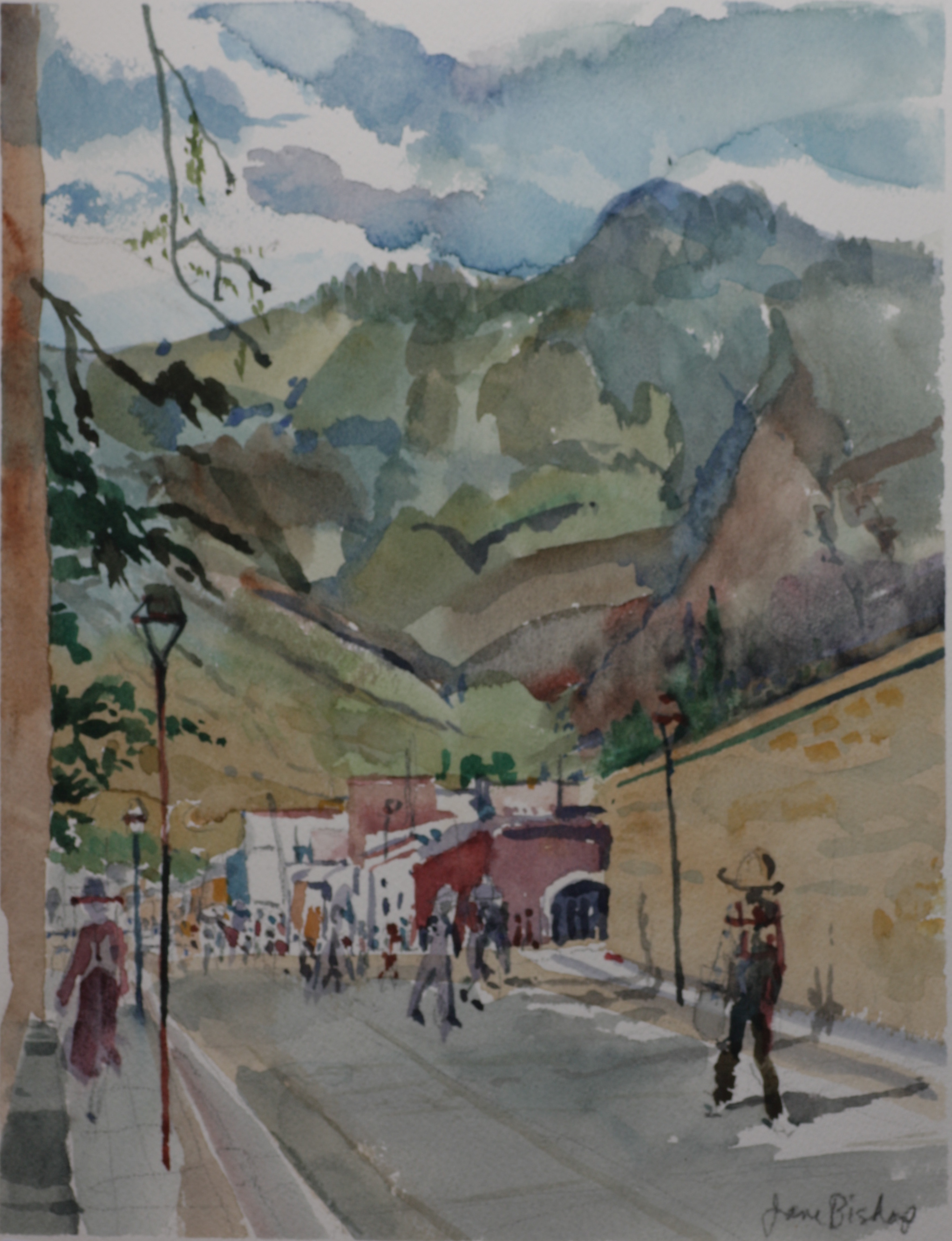 Street, green mountains