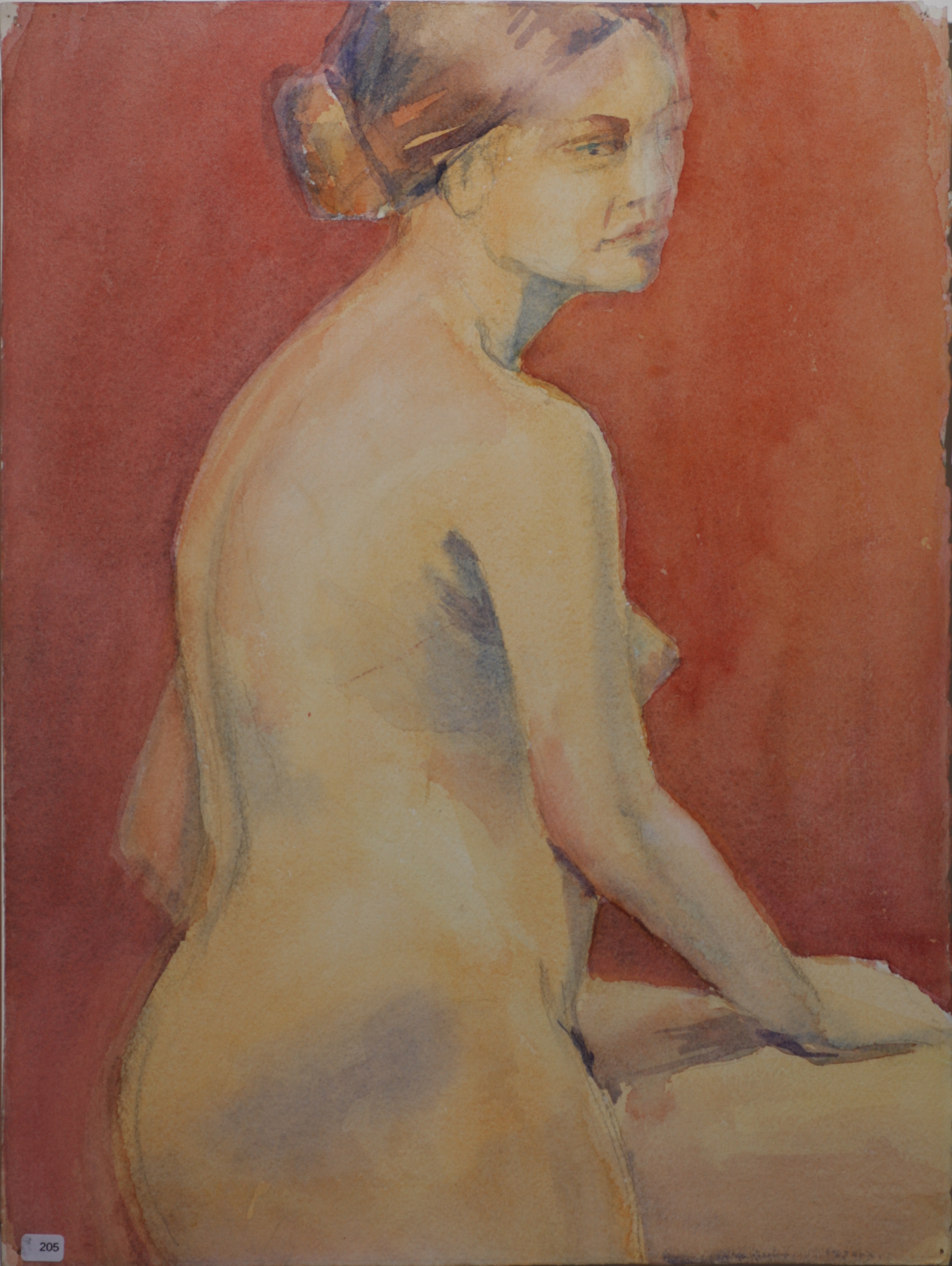 Nude woman, hair in bun