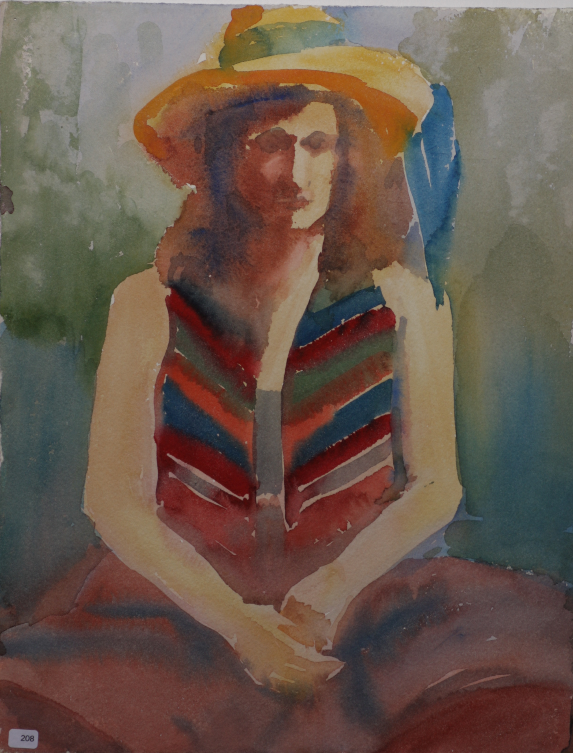 Woman seated, with hat and striped vest