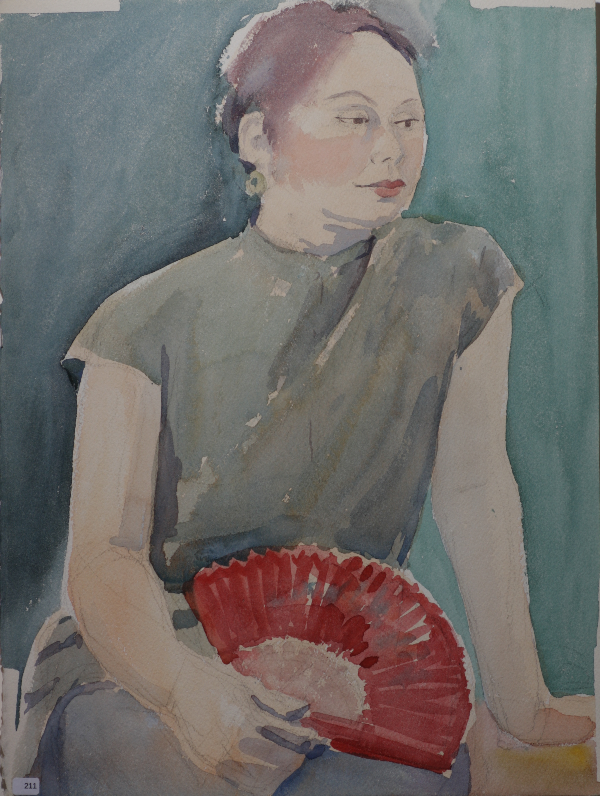 woman with red fan