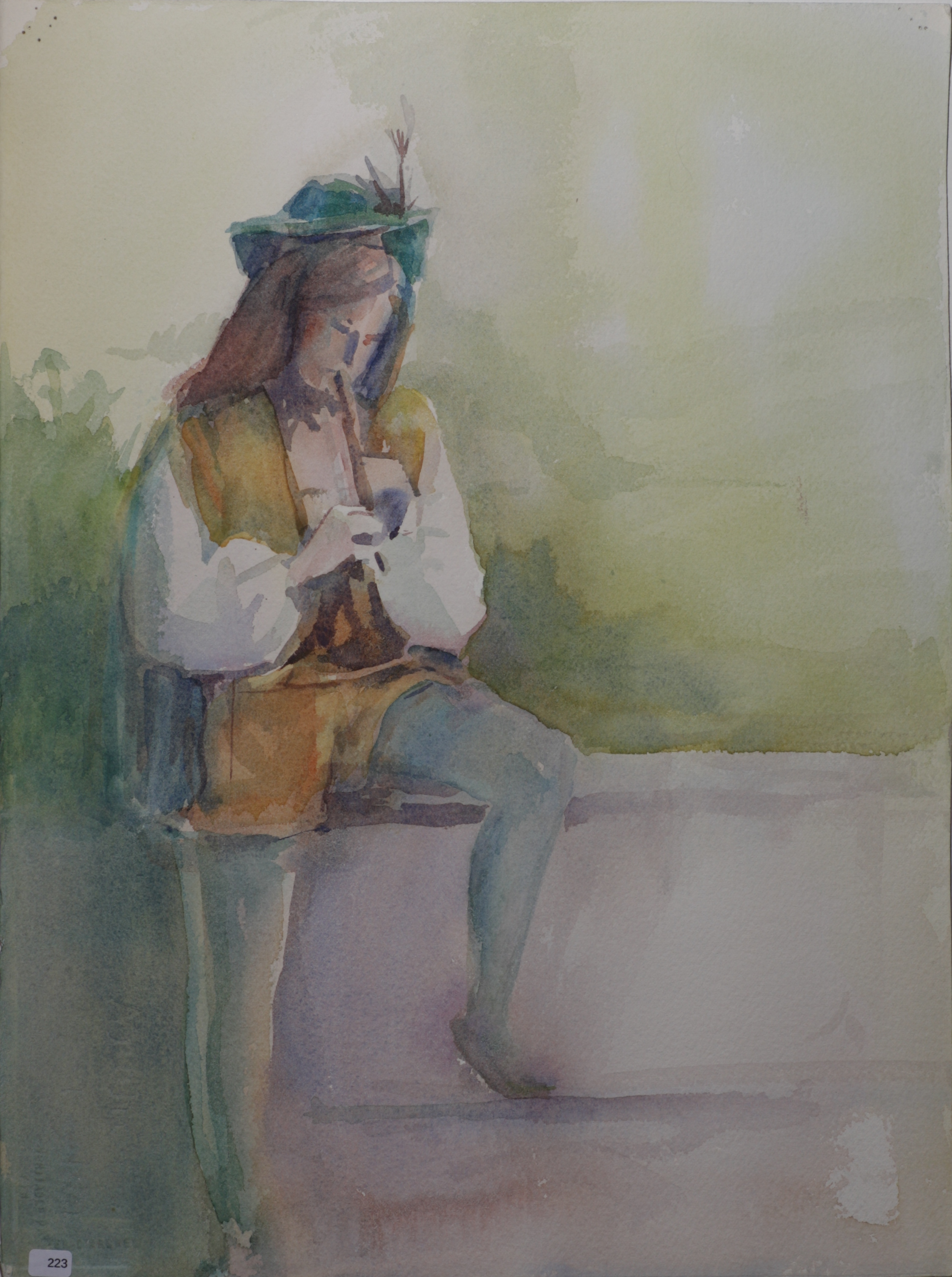 Costumed figure with wooden flute. REVERSE: Woman seated on park bench.