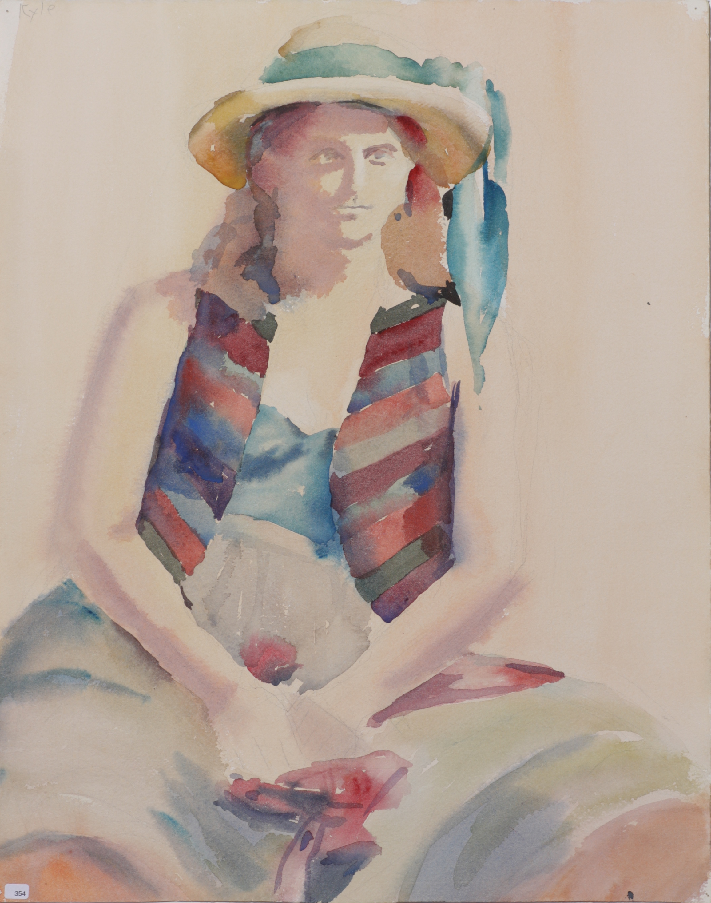 Woman seated, with hat and striped vest