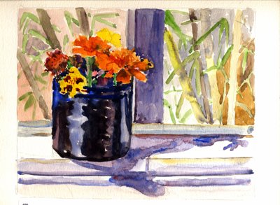 Still life: Blue cylindrical vase with flowers