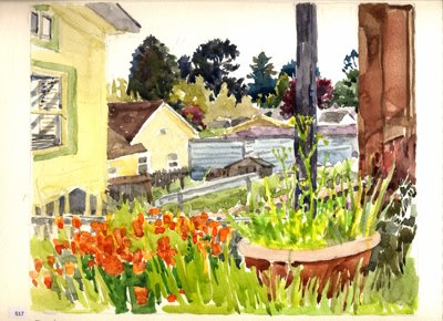 Red flowers and garden table or planter
