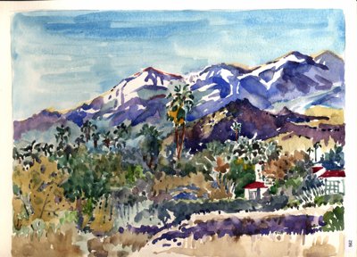 Snow-capped mountains above desert landscape