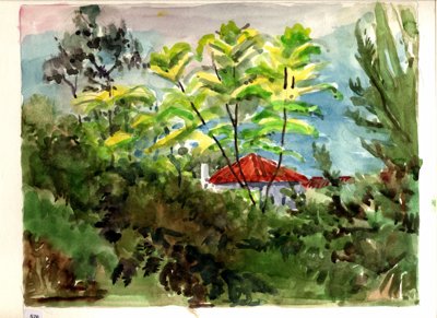 Tropical vegetation with red-roofed buildings
