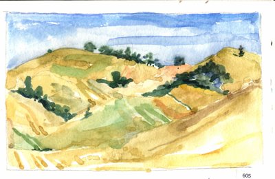 Rolling golden hills with scattered green trees beneath a blue sky.