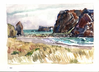 Coastal scene with beach grasses, rocky sea stacks, cliff, and turquoise water.