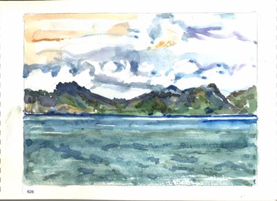 Water and distant green hills beneath a pale sky, possibly viewed from a boat or shoreline.