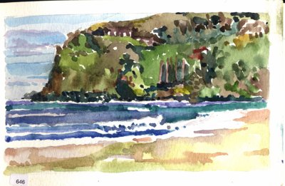 Green coastal bluff above surf and beach.