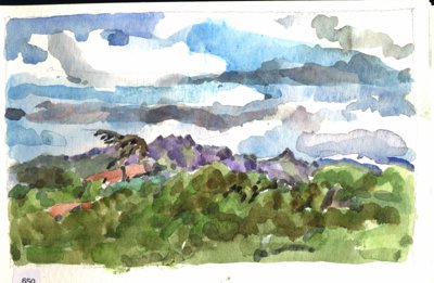 Green rolling landscape with distant purple hills and cloudy sky.