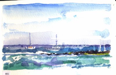 Horizontal ocean study with sailboats and bands of blue water and sky.