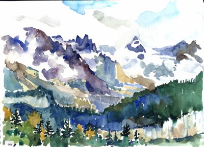 Snowy peaks and forest foreground