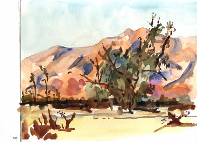 Trees before sunlit mountains