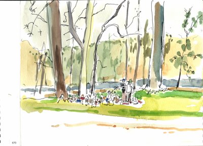 People gathered beneath trees