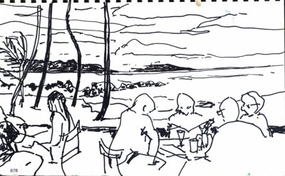 Maui, Ink sketch of people seated at an outdoor cafe or seaside table, with trees and water beyond. NOTE: REVERSE is JB678_2.